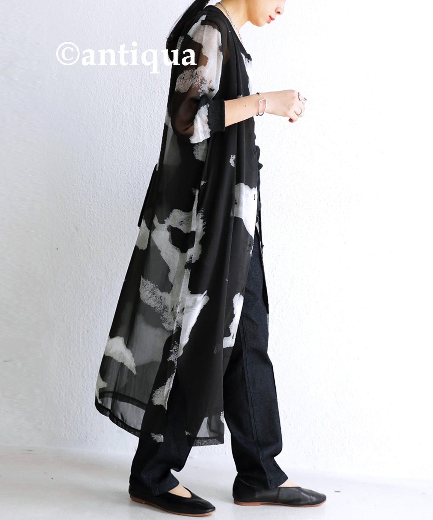 Sheer Ladies long cardigan monochrome watercolor pattern