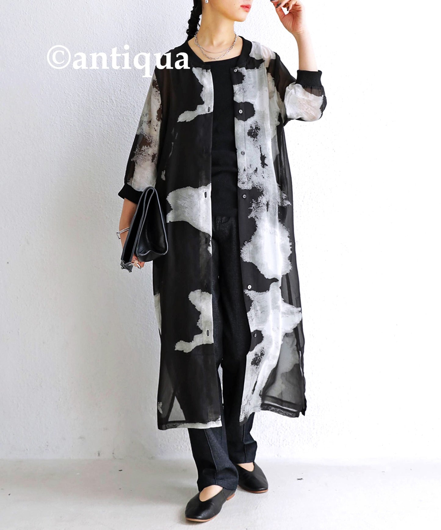 Sheer Ladies long cardigan monochrome watercolor pattern