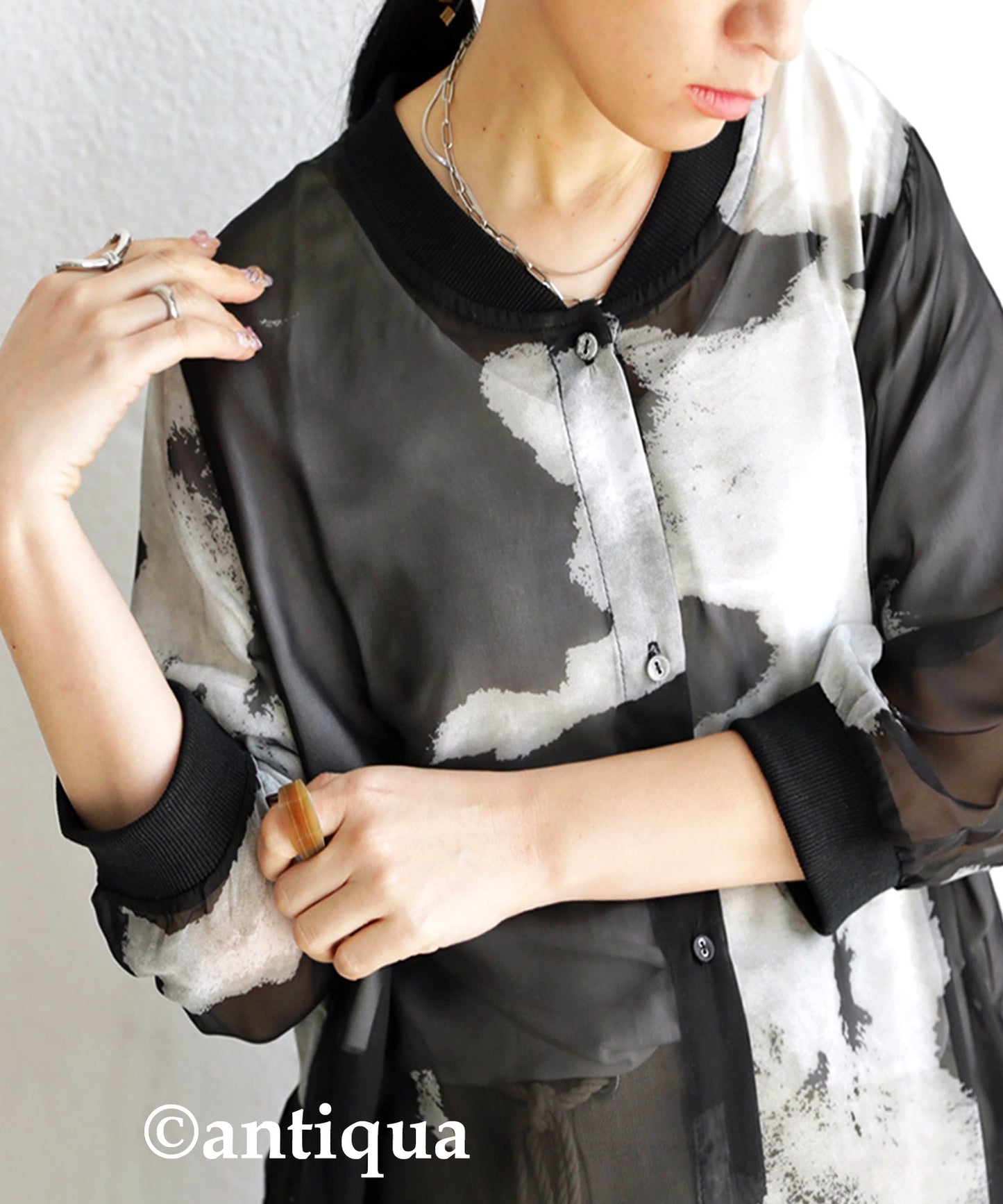 Sheer Ladies long cardigan monochrome watercolor pattern