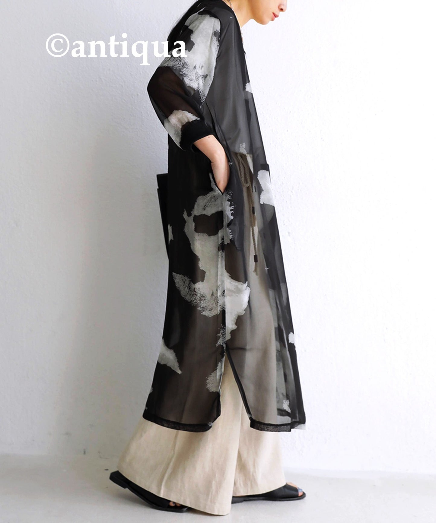 Sheer Ladies long cardigan monochrome watercolor pattern