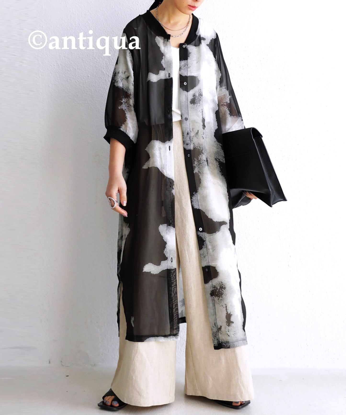 Sheer Ladies long cardigan monochrome watercolor pattern