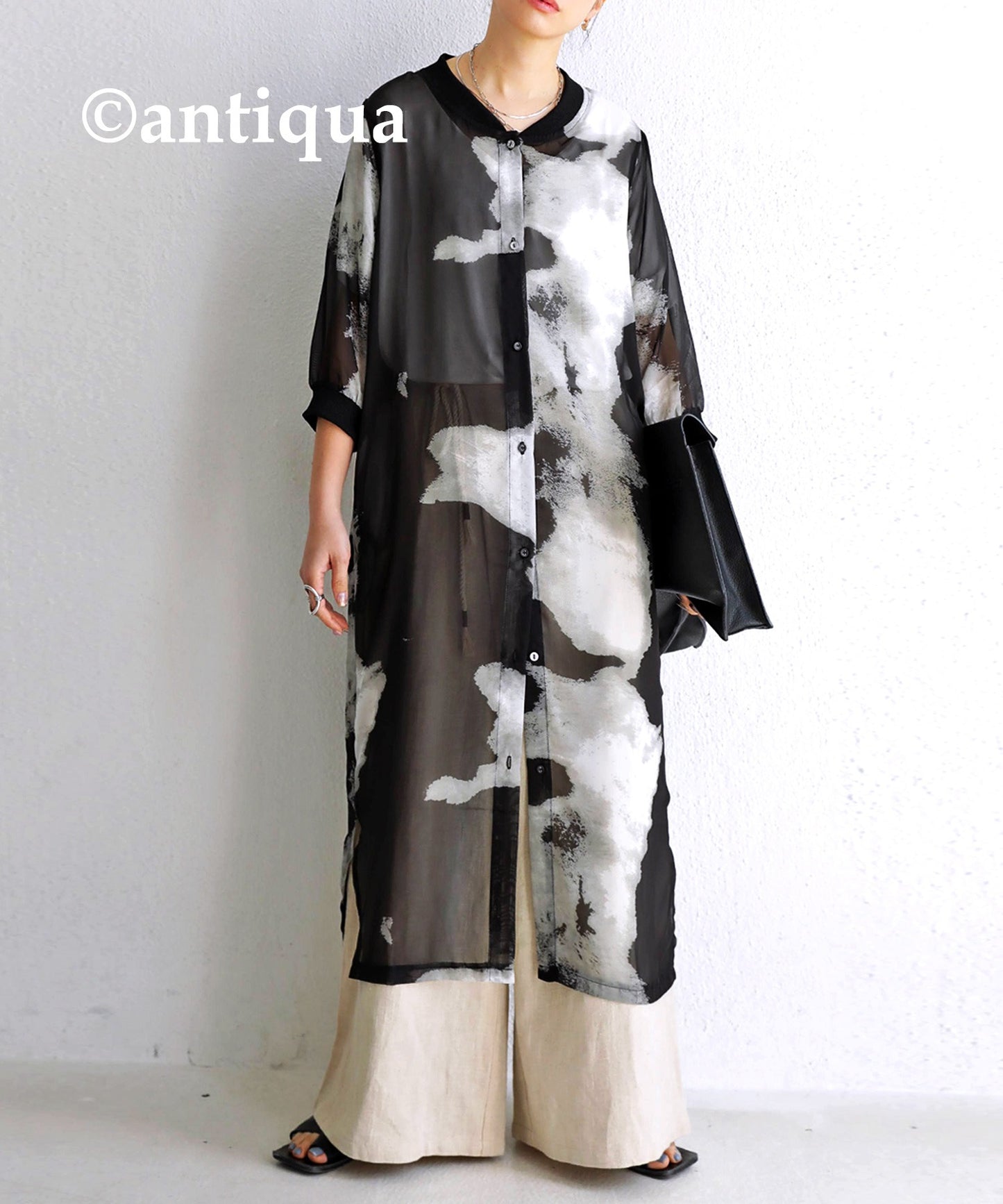 Sheer Ladies long cardigan monochrome watercolor pattern