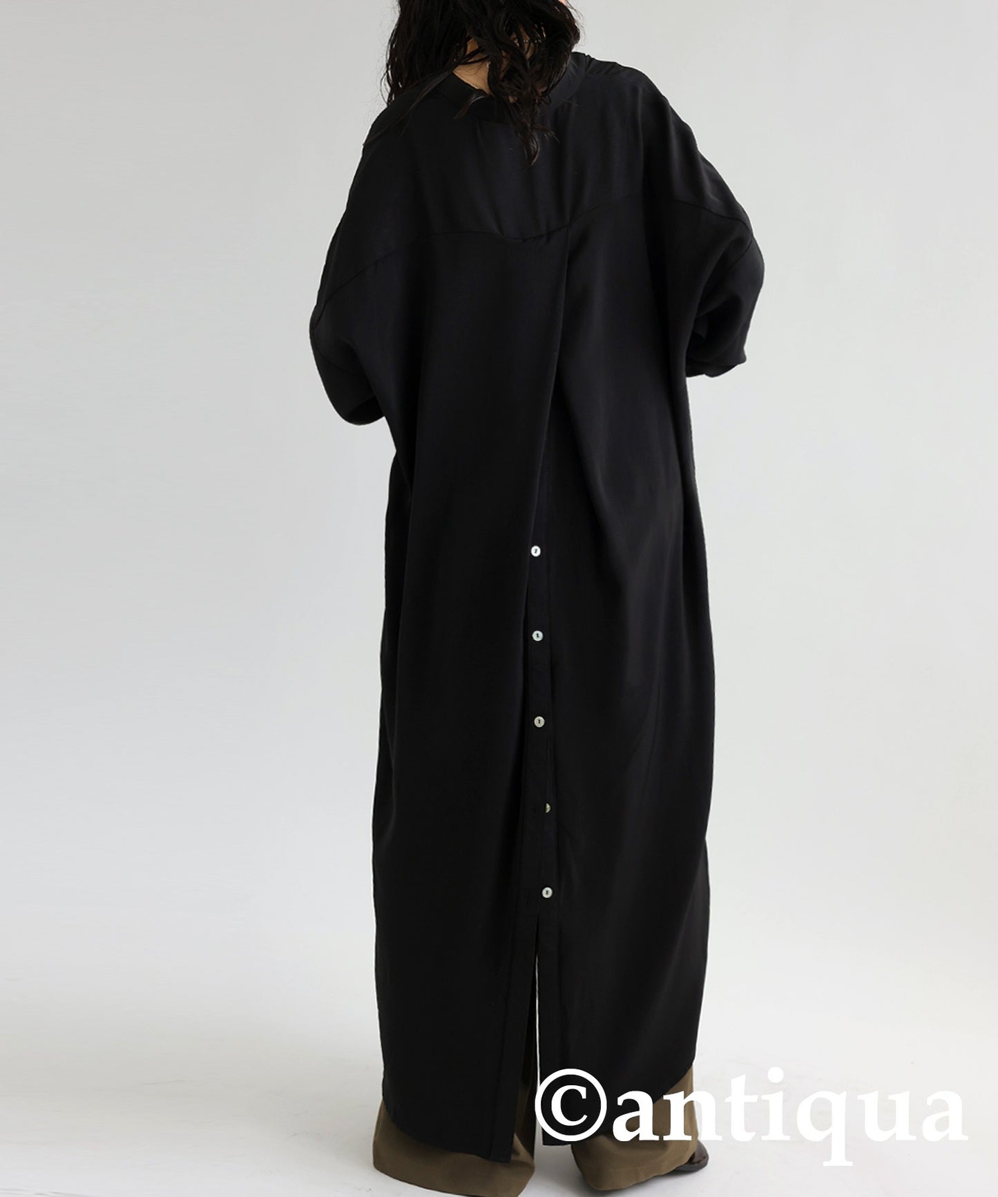 Ladies Long Casual Shirt dress Long-Sleeve Stand collar