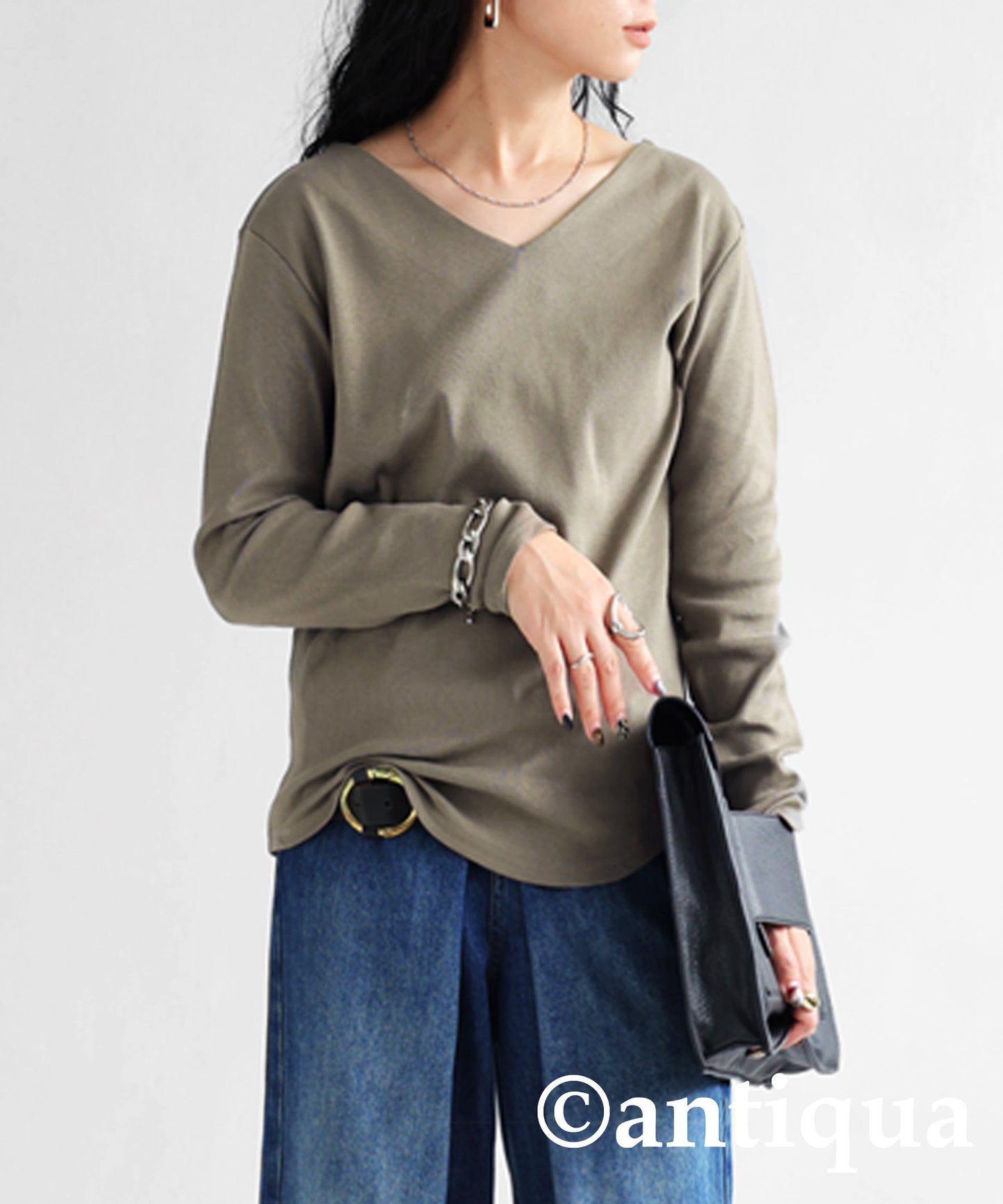 Cotton V -neck Long sleeve T-shirt Ladies Tops Cotton