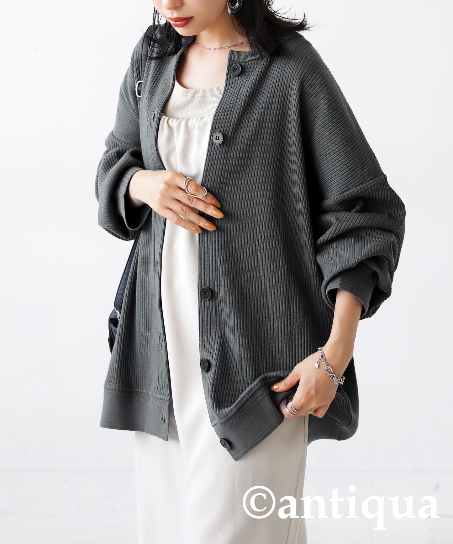 100%Cotton Rib Crew Neck Cardigan Ladies