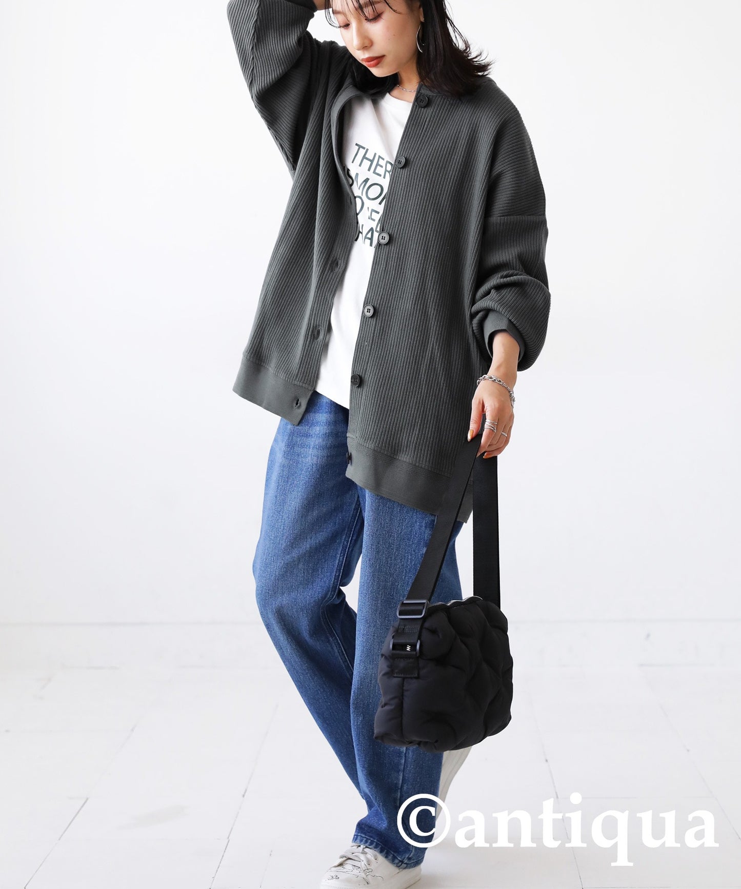 100%Cotton Rib Crew Neck Cardigan Ladies