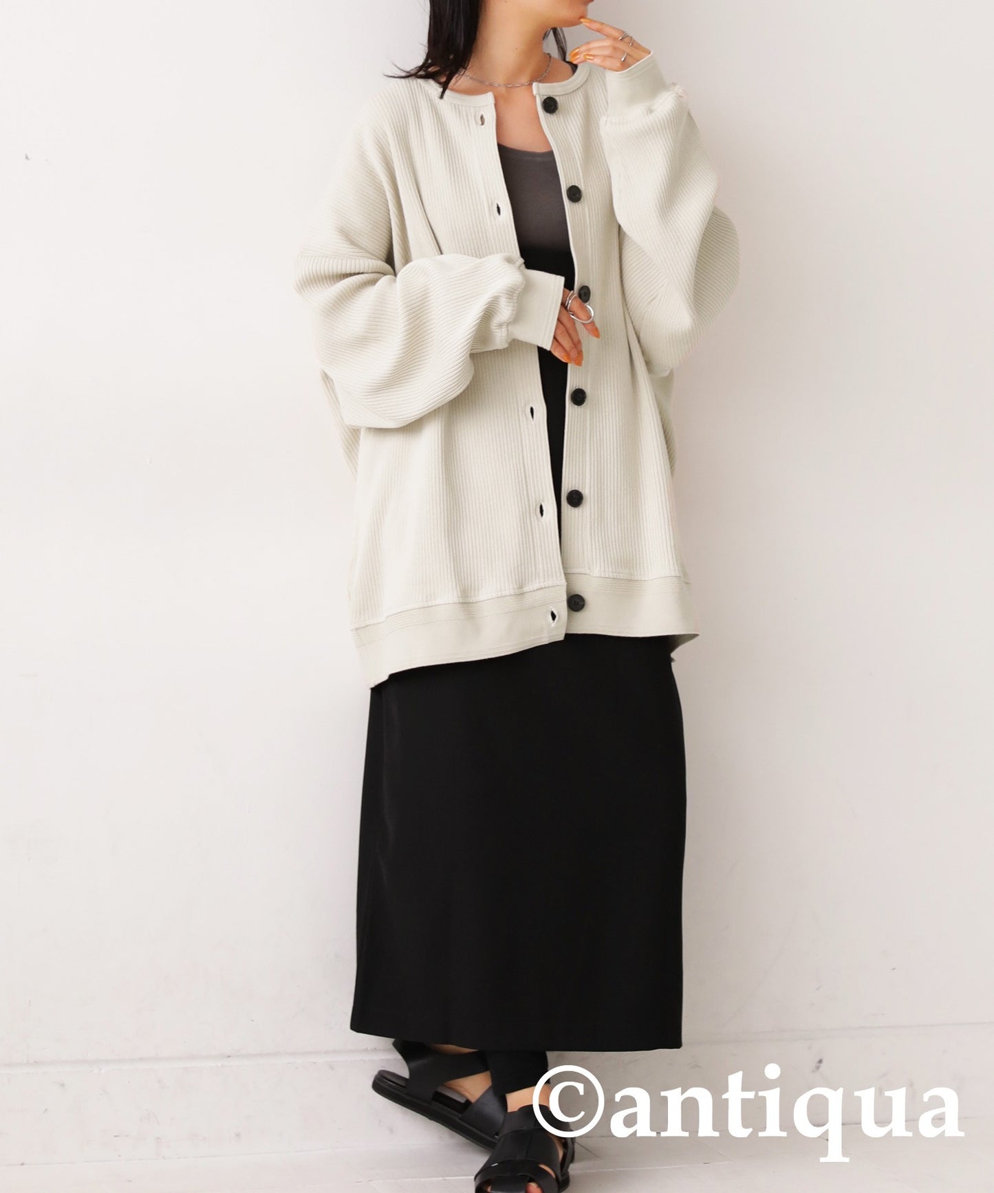 100%Cotton Rib Crew Neck Cardigan Ladies