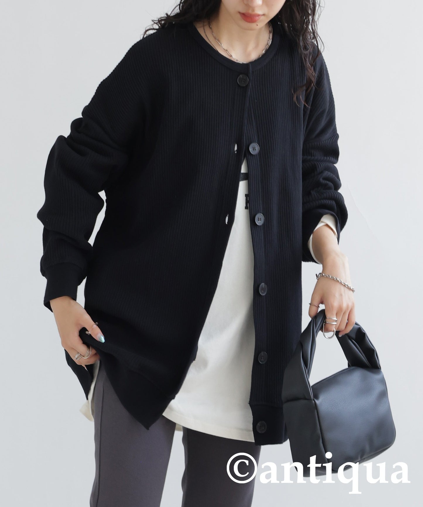 100%Cotton Rib Crew Neck Cardigan Ladies