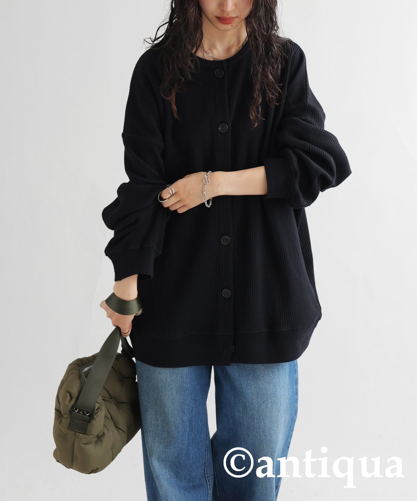 100%Cotton Rib Crew Neck Cardigan Ladies