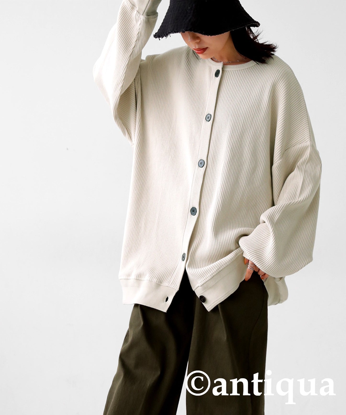 100%Cotton Rib Crew Neck Cardigan Ladies