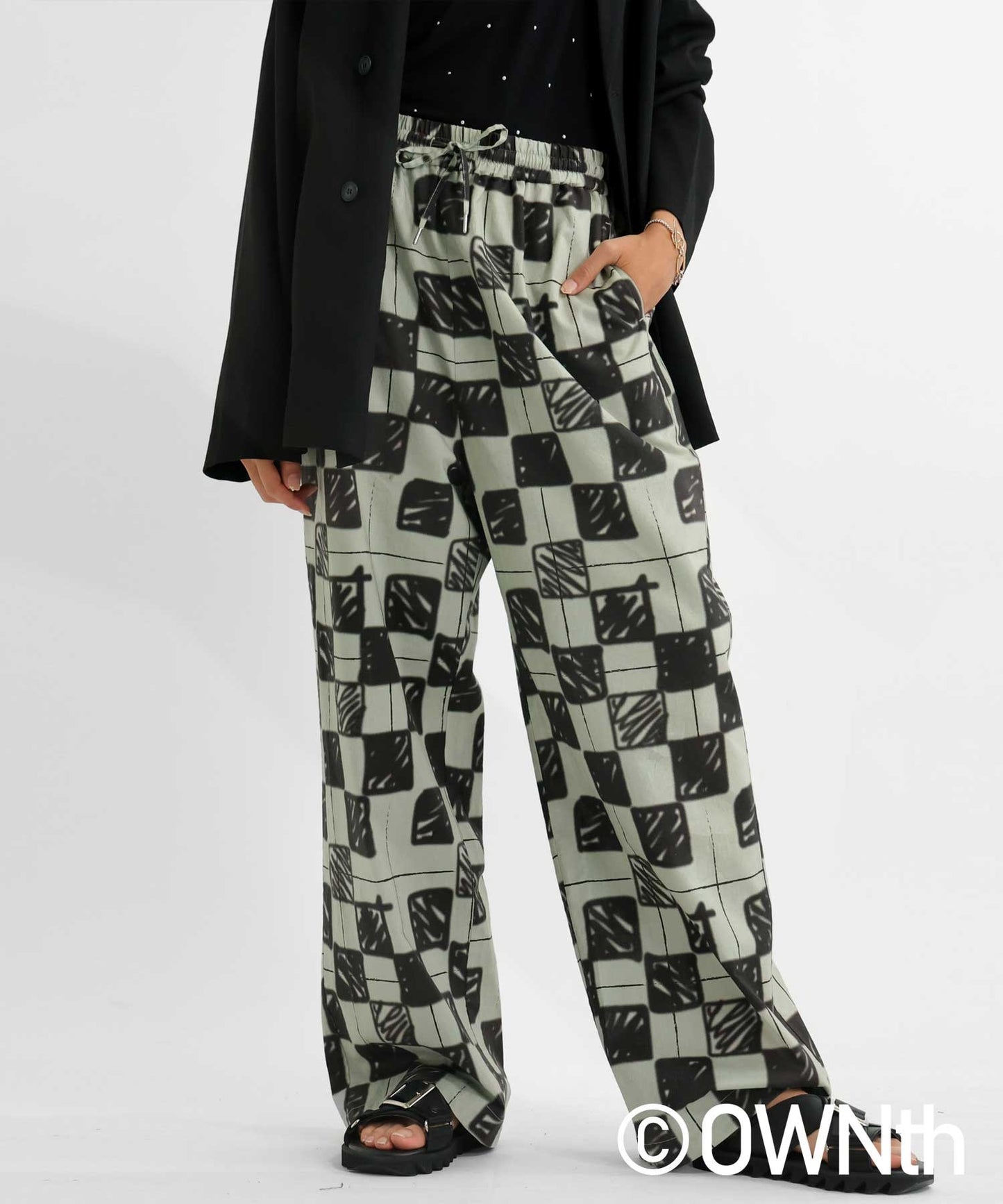 Block Check Pattern Straight Pants Ladies