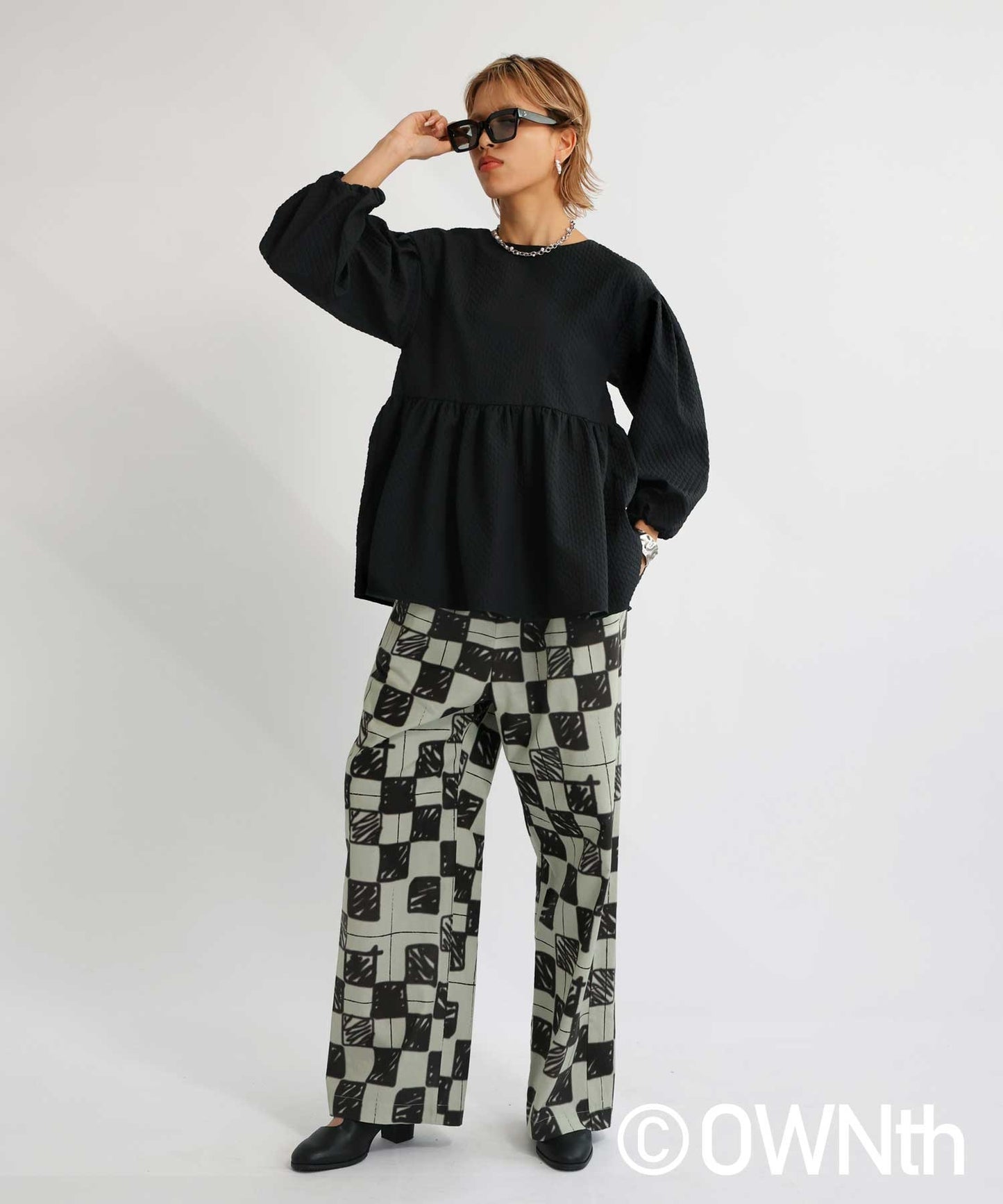 Block Check Pattern Straight Pants Ladies