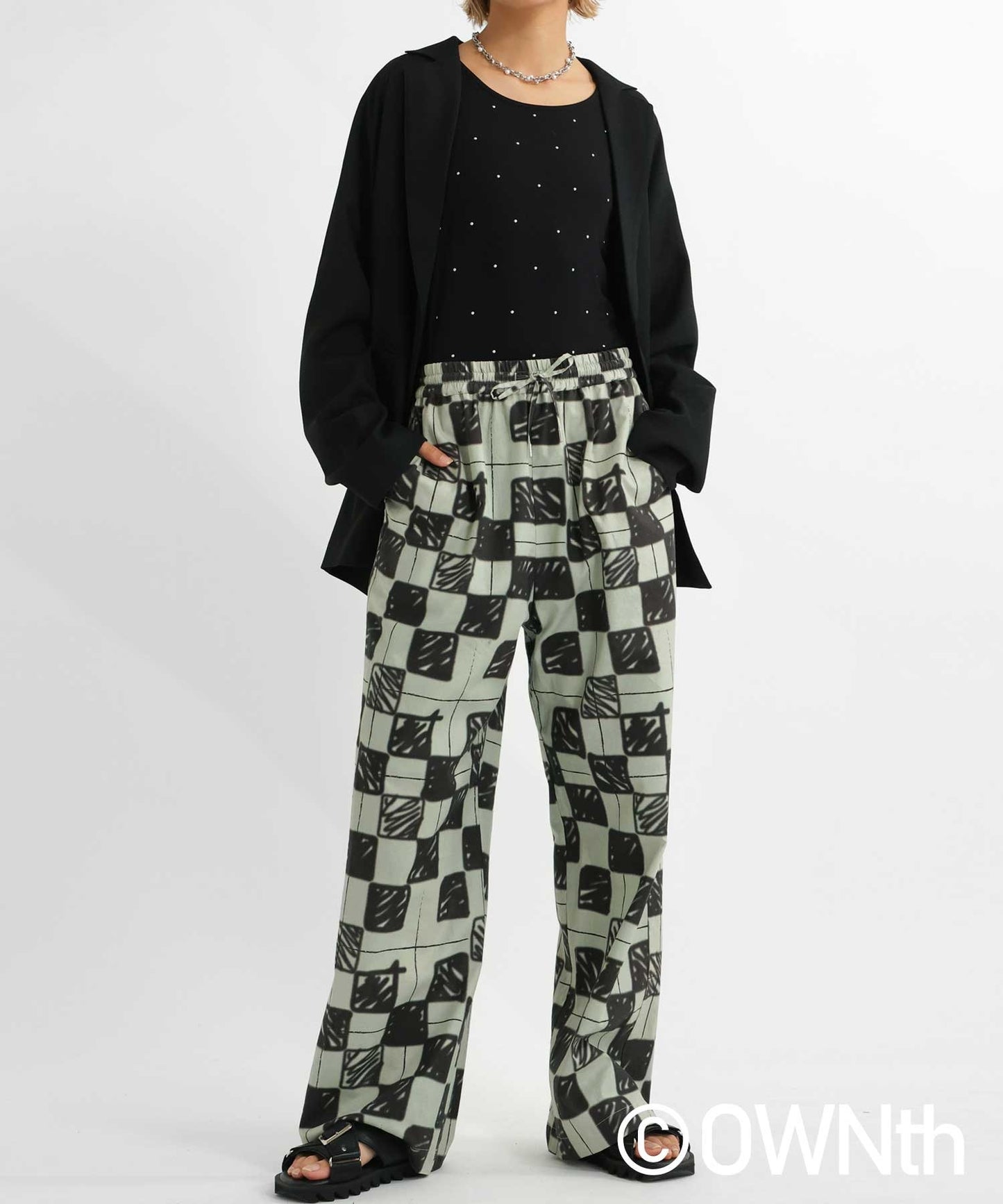 Block Check Pattern Straight Pants Ladies