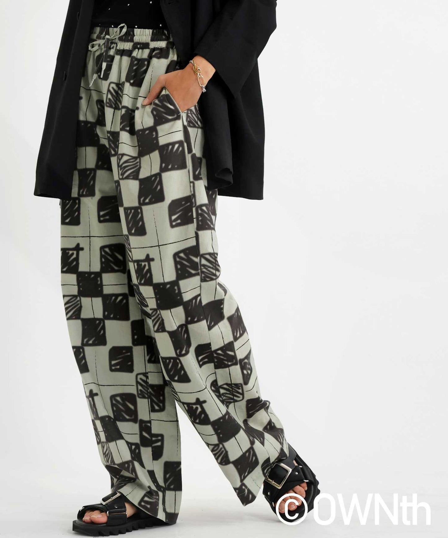 Block Check Pattern Straight Pants Ladies