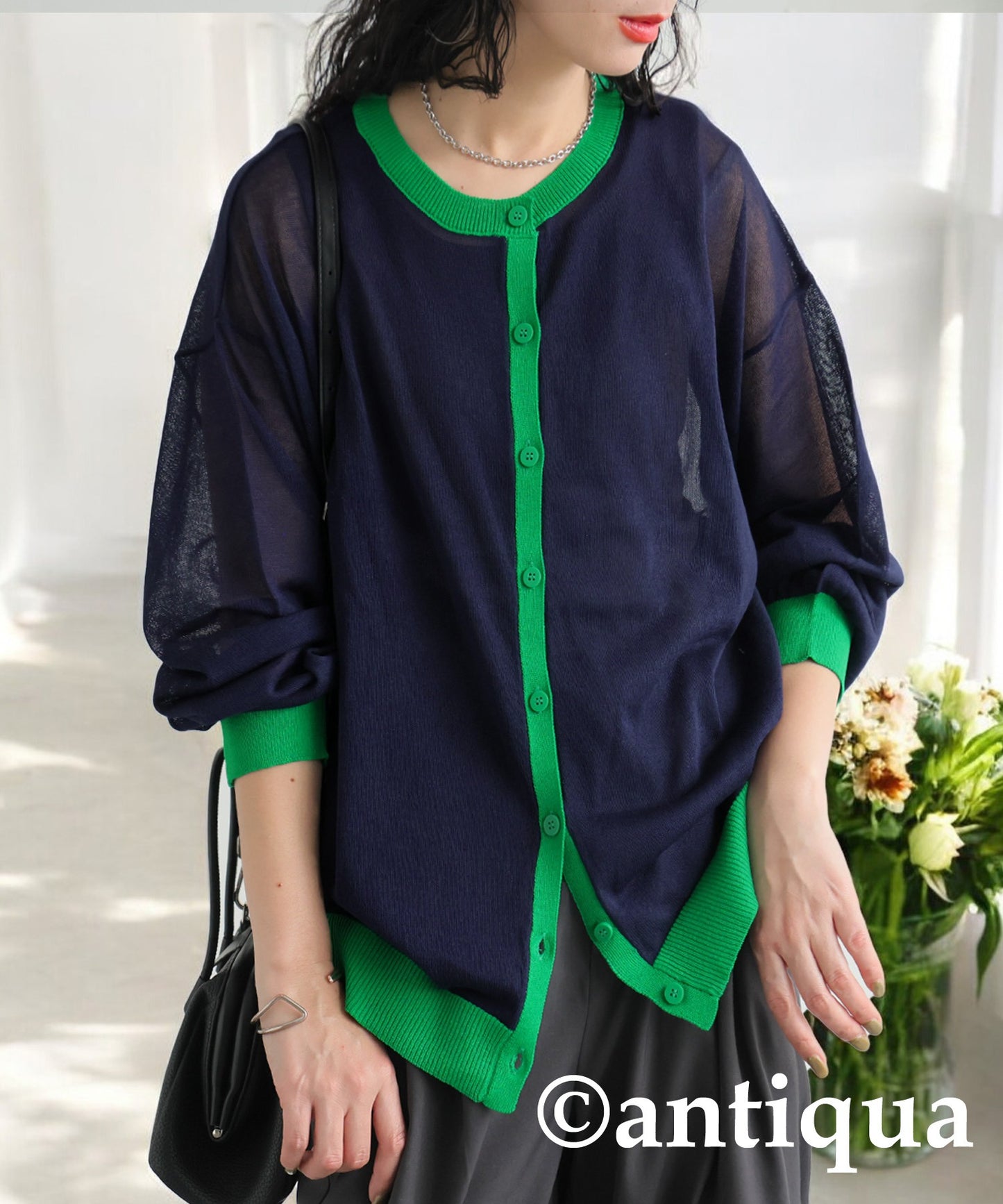 Color Matching Sheer Knit Cardigan Ladies