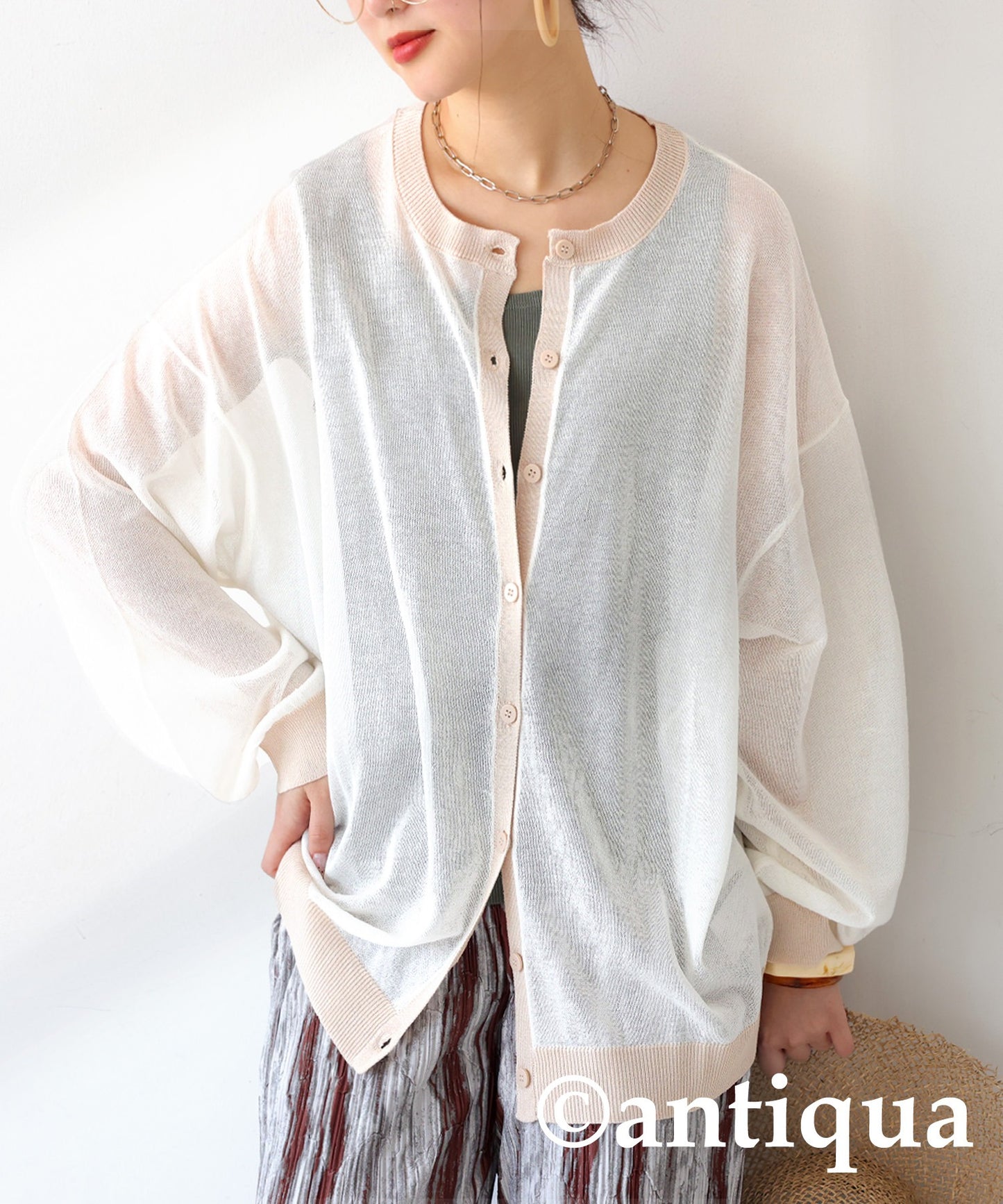 Color Matching Sheer Knit Cardigan Ladies