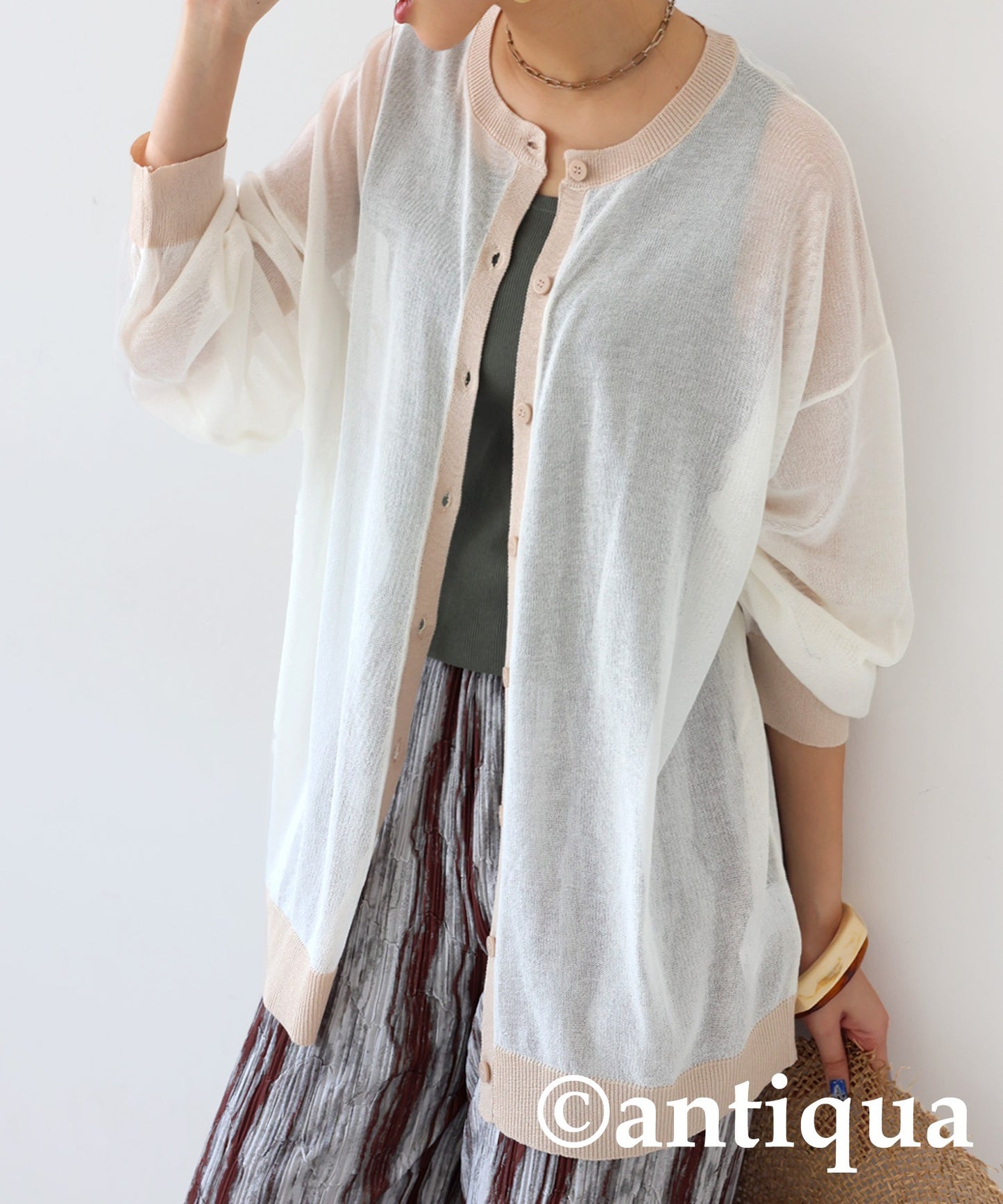 Color Matching Sheer Knit Cardigan Ladies