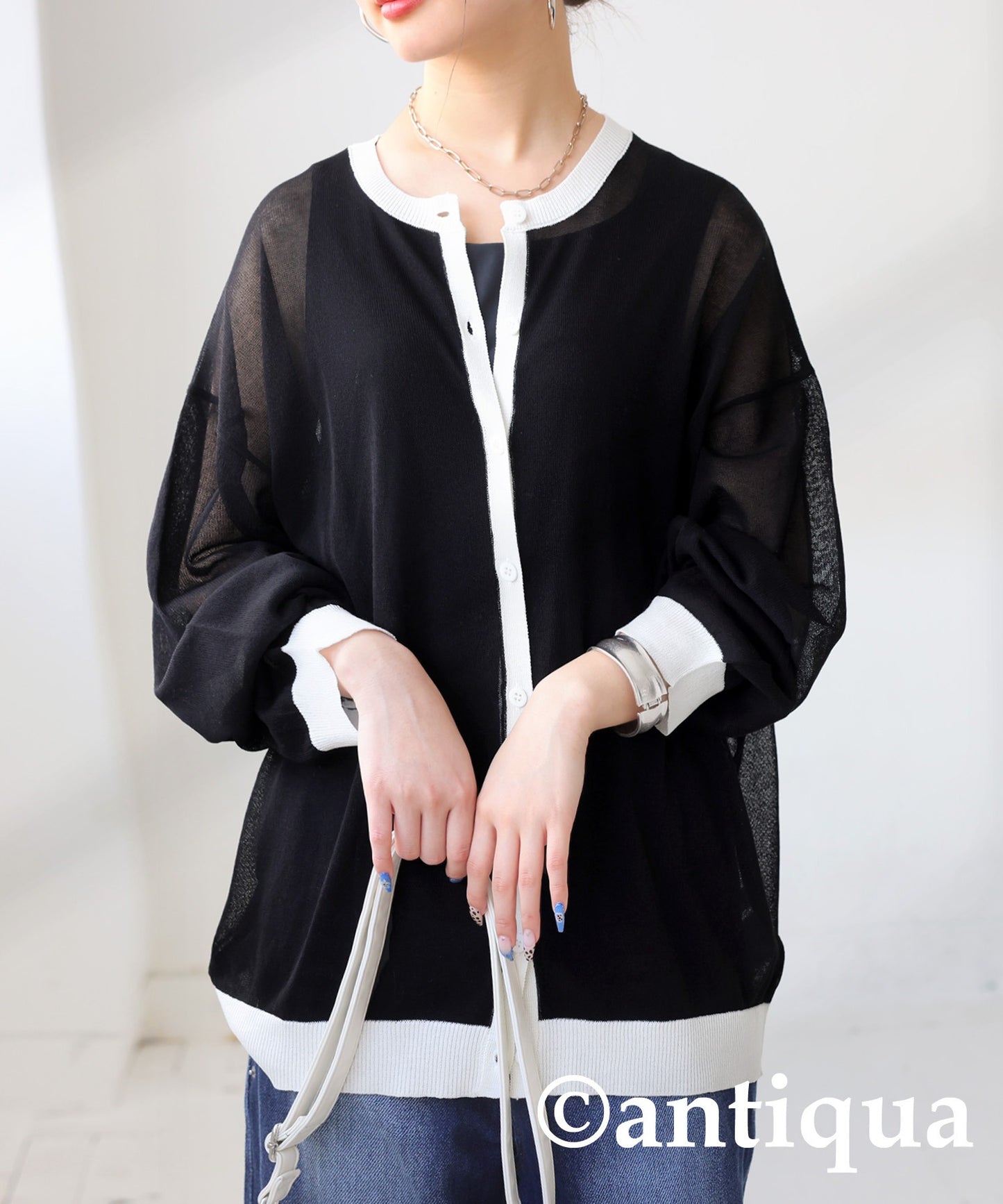 Color Matching Sheer Knit Cardigan Ladies