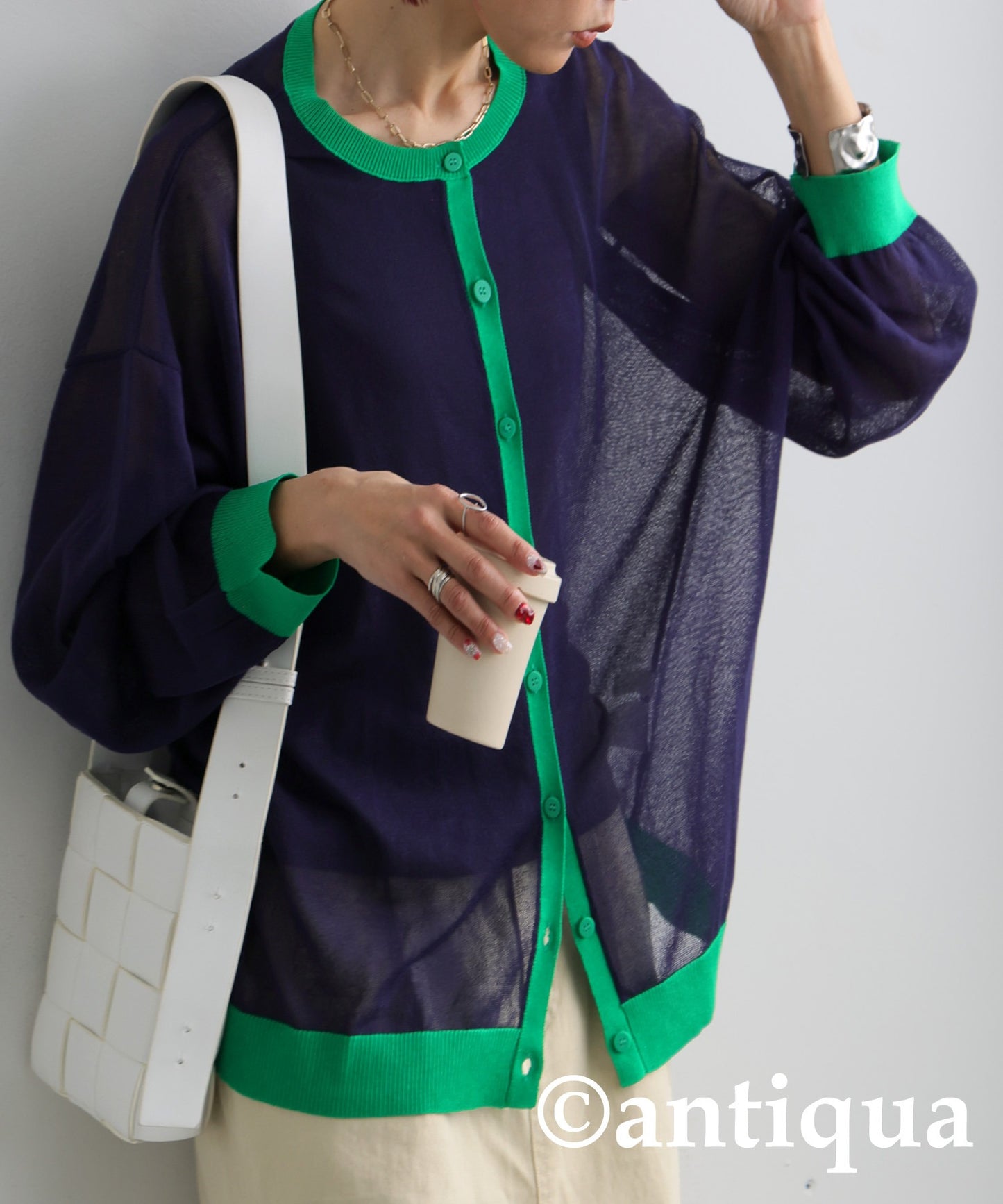 Color Matching Sheer Knit Cardigan Ladies