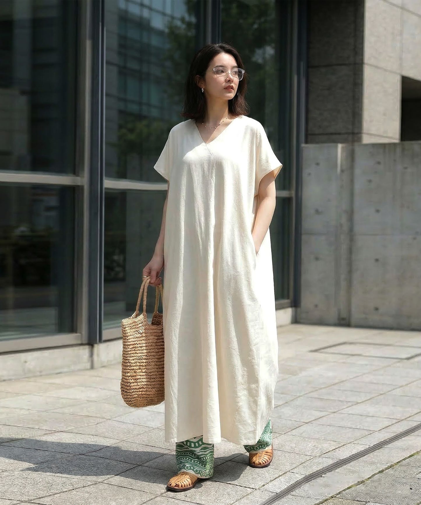 Linen-Touch French-Sleeve Dress Ladies