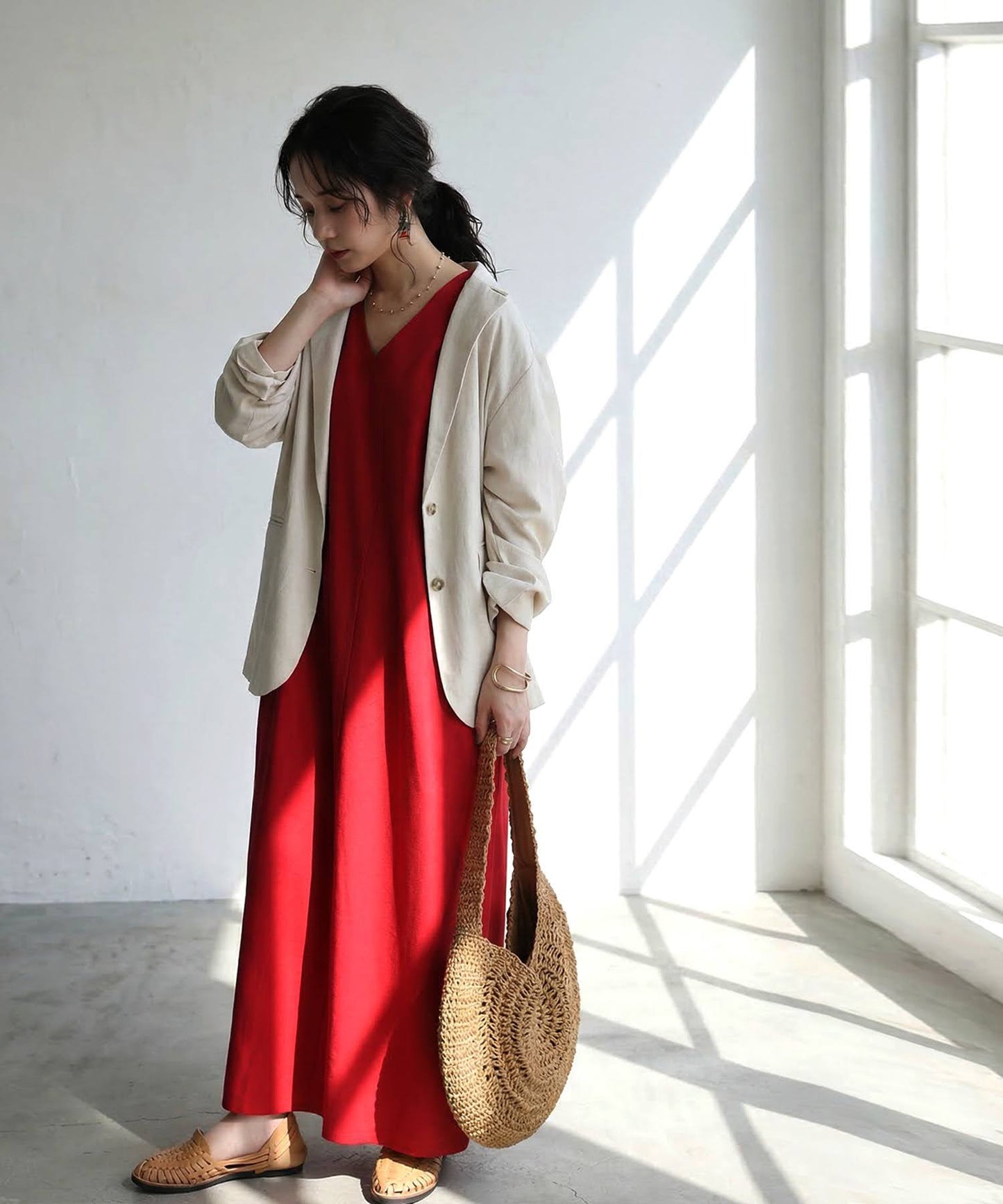 Linen-Touch French-Sleeve Dress Ladies