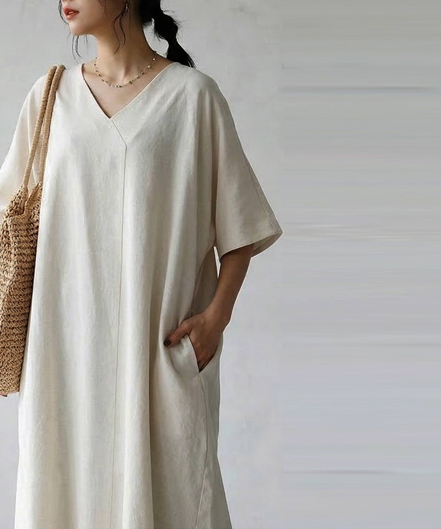 Linen-Touch French-Sleeve Dress Ladies