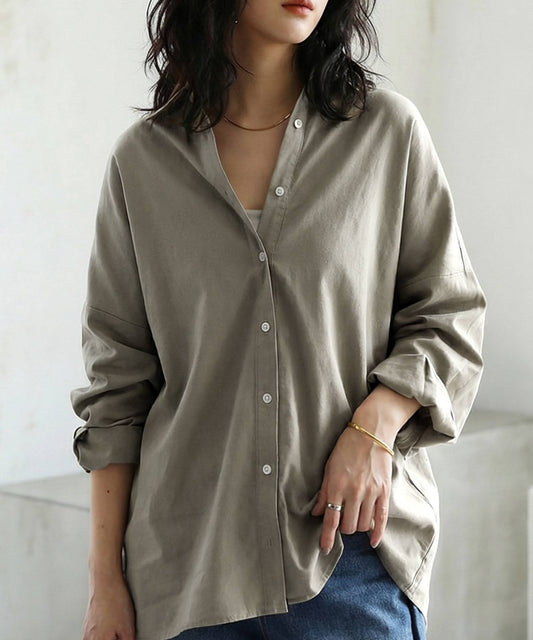 Linen Blend Long Sleeve Plain Jacket Shirt Ladies