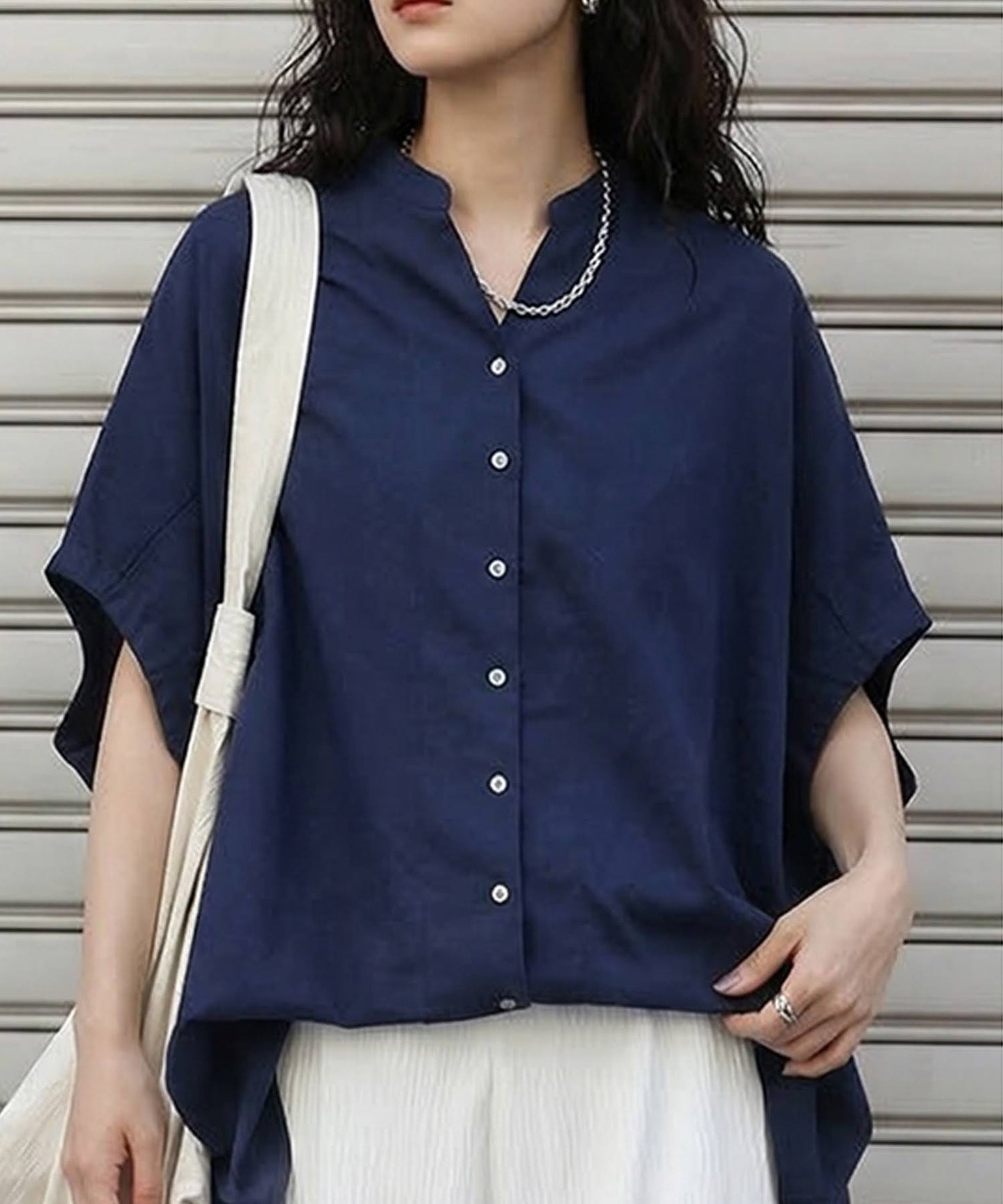 Keyhole Neckline Linen-Like Dolman Shirt Ladies
