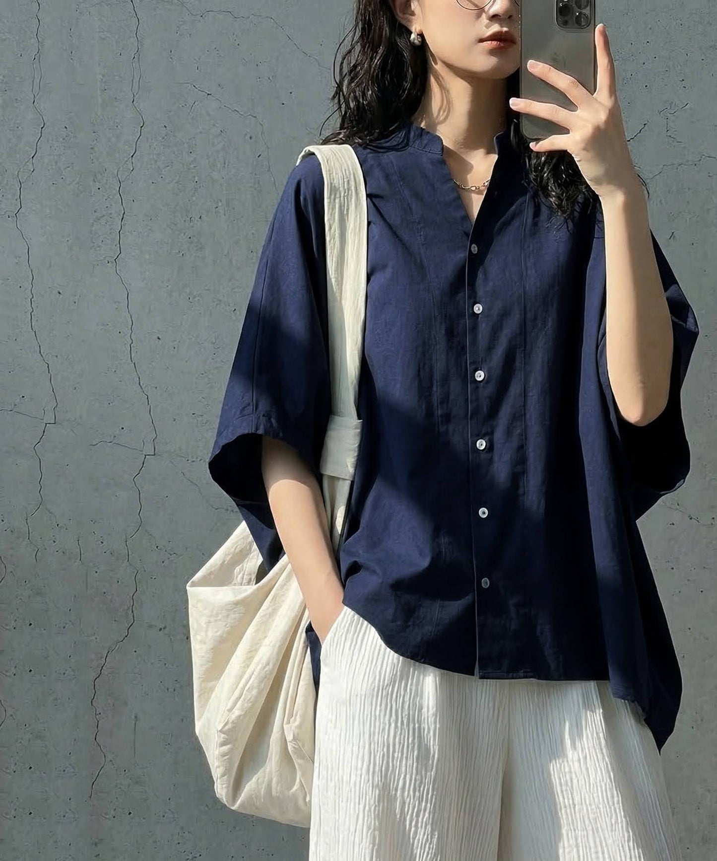 Keyhole Neckline Linen-Like Dolman Shirt Ladies