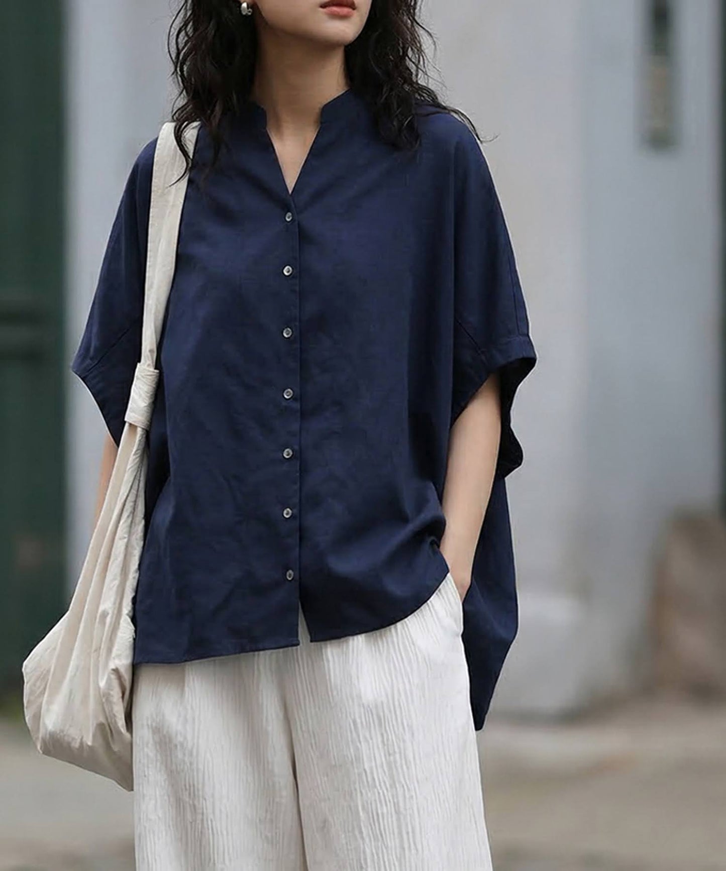 Keyhole Neckline Linen-Like Dolman Shirt Ladies