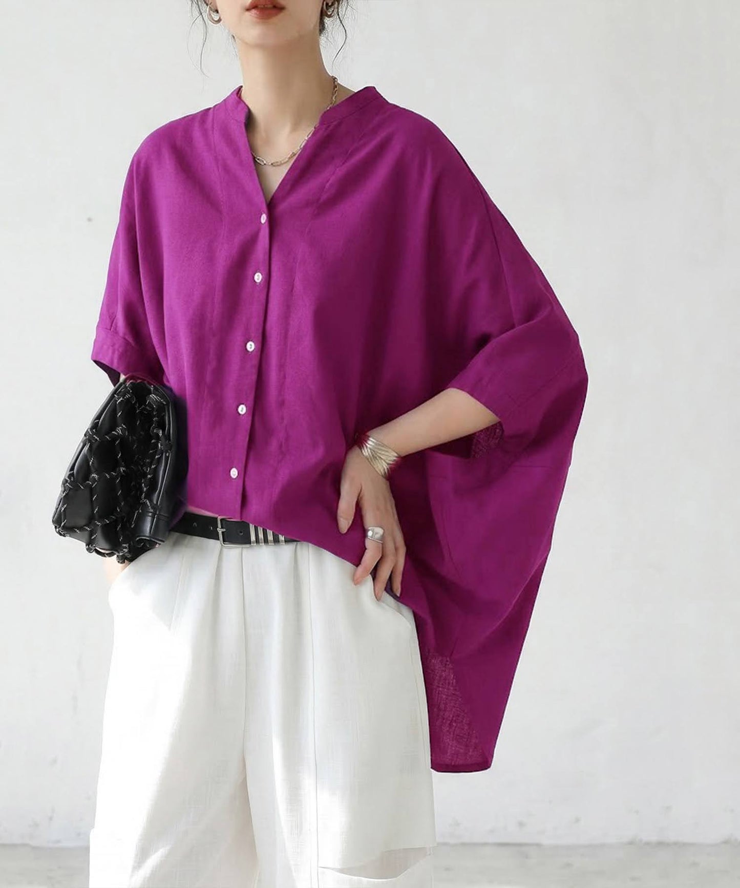 Keyhole Neckline Linen-Like Dolman Shirt Ladies