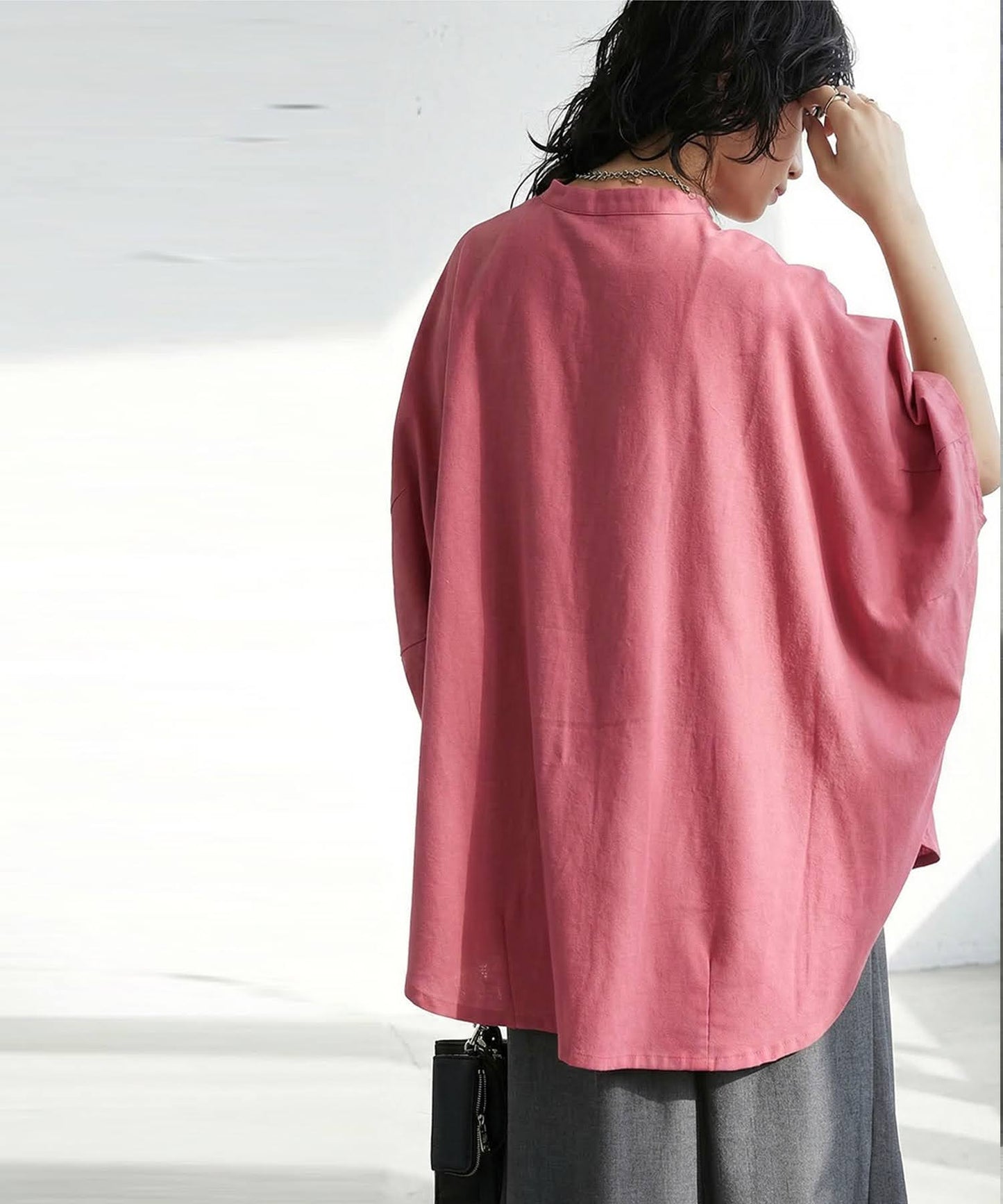 Keyhole Neckline Linen-Like Dolman Shirt Ladies