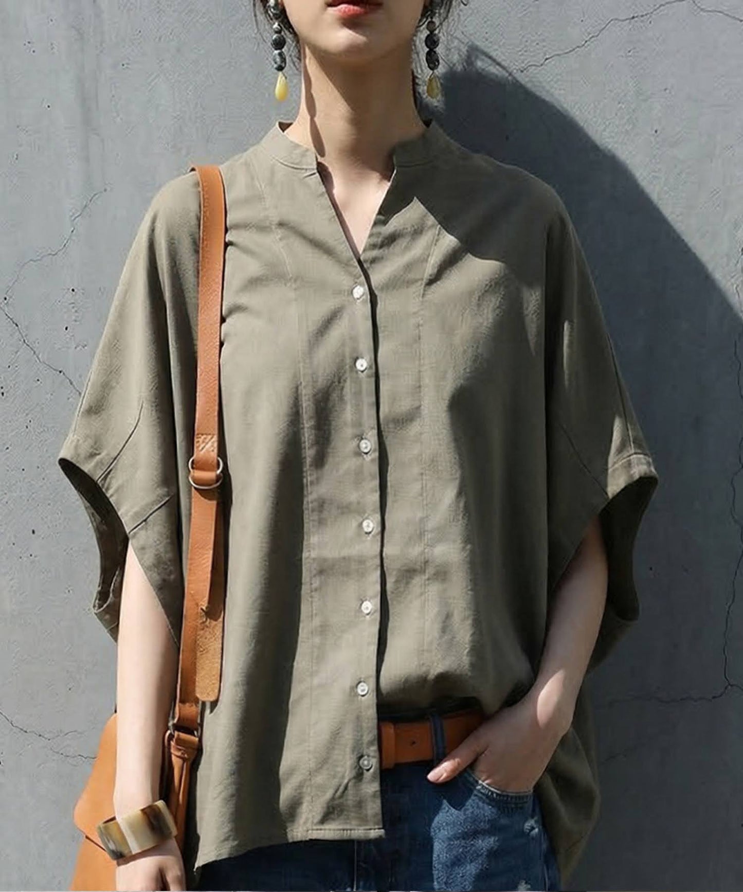 Keyhole Neckline Linen-Like Dolman Shirt Ladies