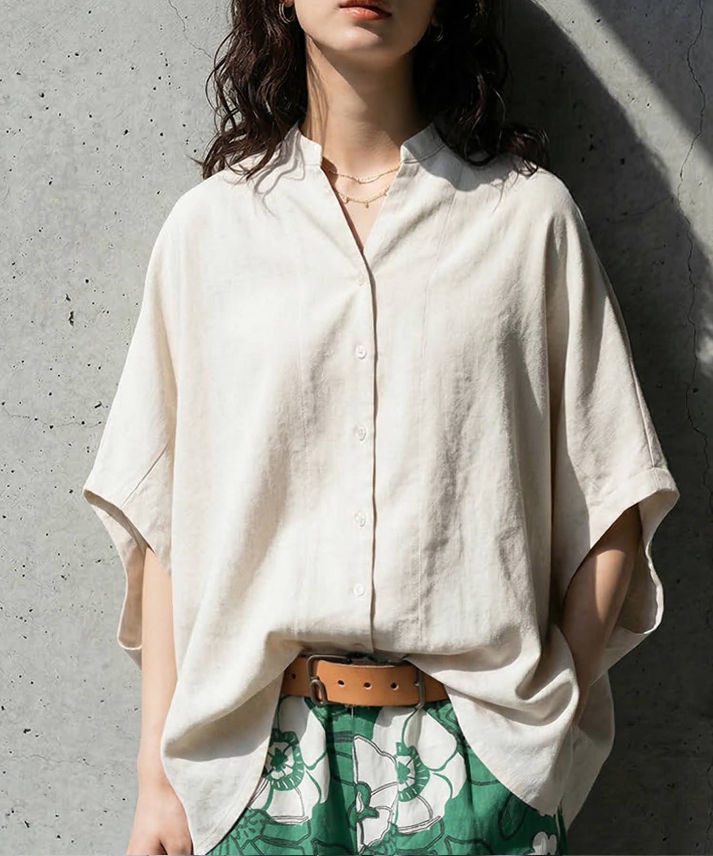 Keyhole Neckline Linen-Like Dolman Shirt Ladies