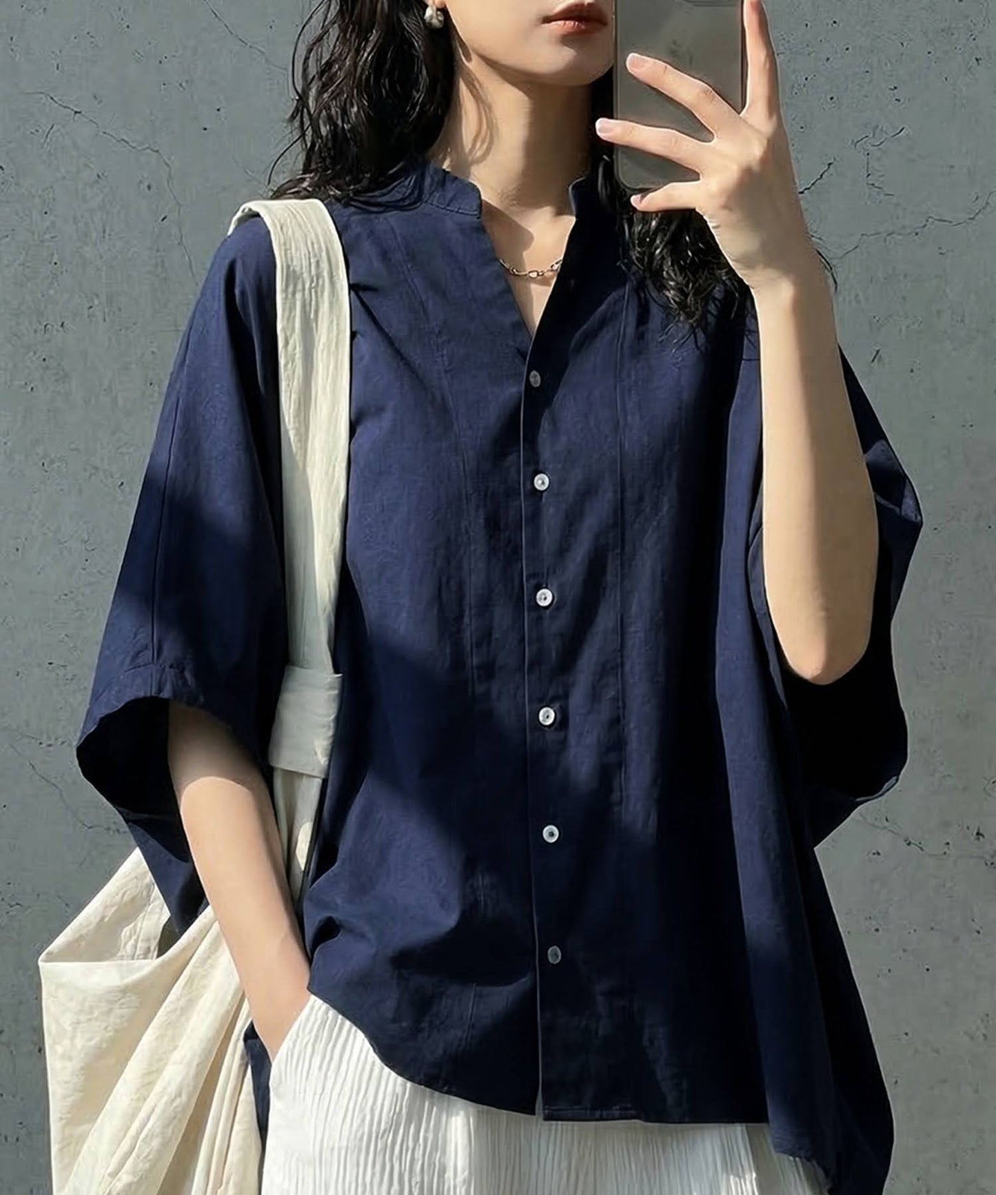 Keyhole Neckline Linen-Like Dolman Shirt Ladies