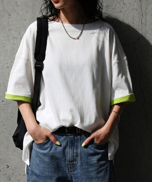Powder Touch 100% Cotton Boat Neck Color Block T-Shirt Ladies