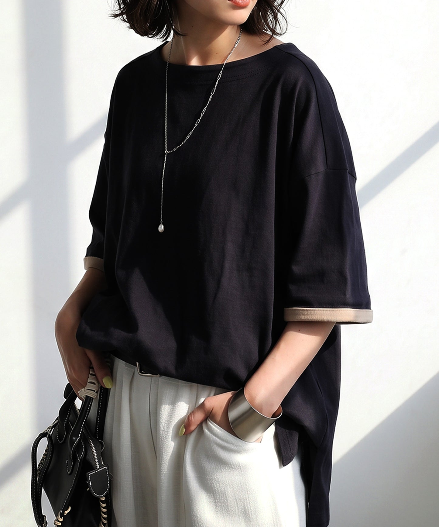 Powder Touch 100% Cotton Boat Neck Color Block T-Shirt Ladies