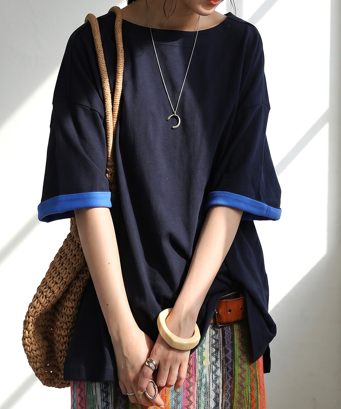 Powder Touch 100% Cotton Boat Neck Color Block T-Shirt Ladies