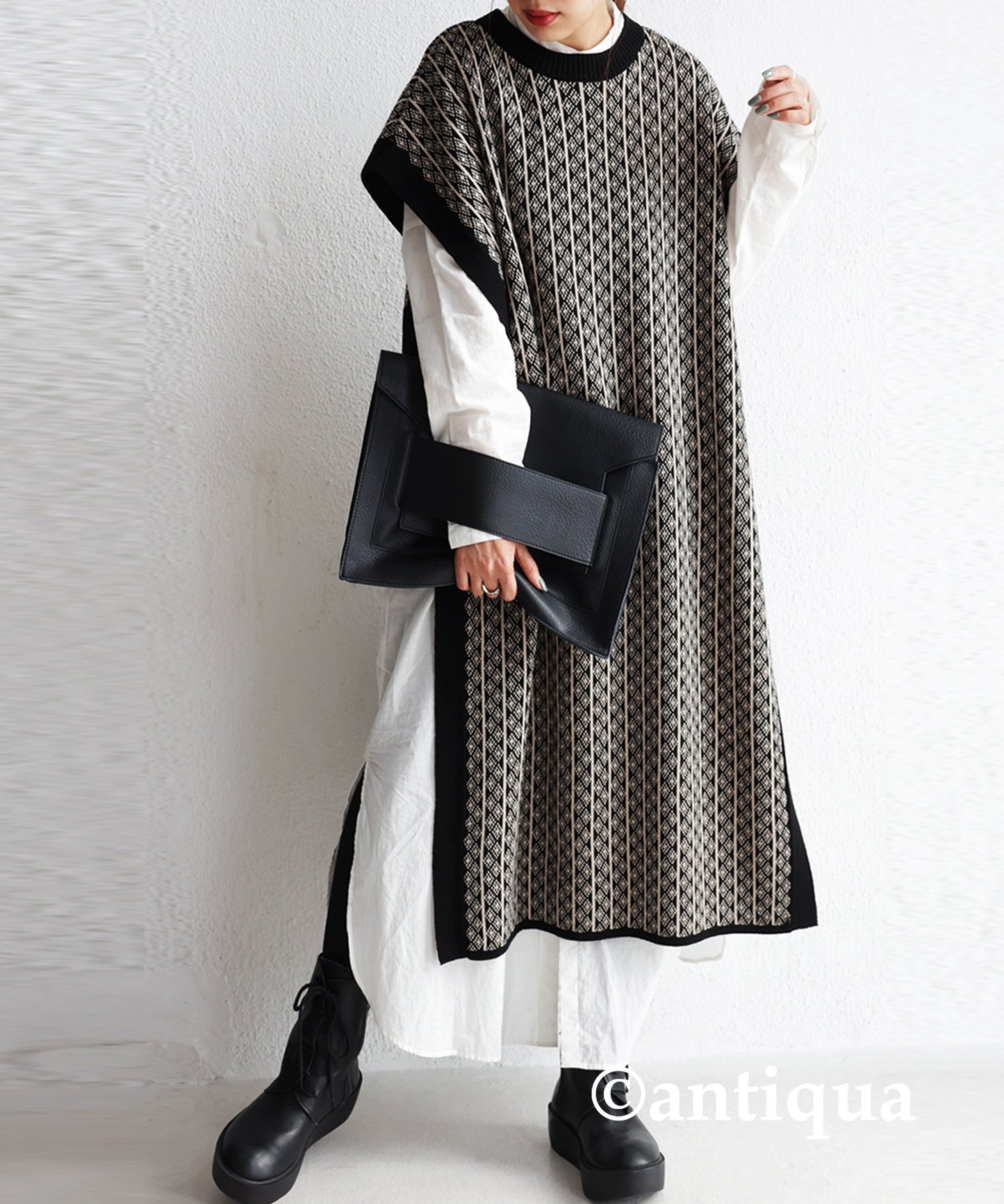 Jacquard pattern long knit vest Ladies