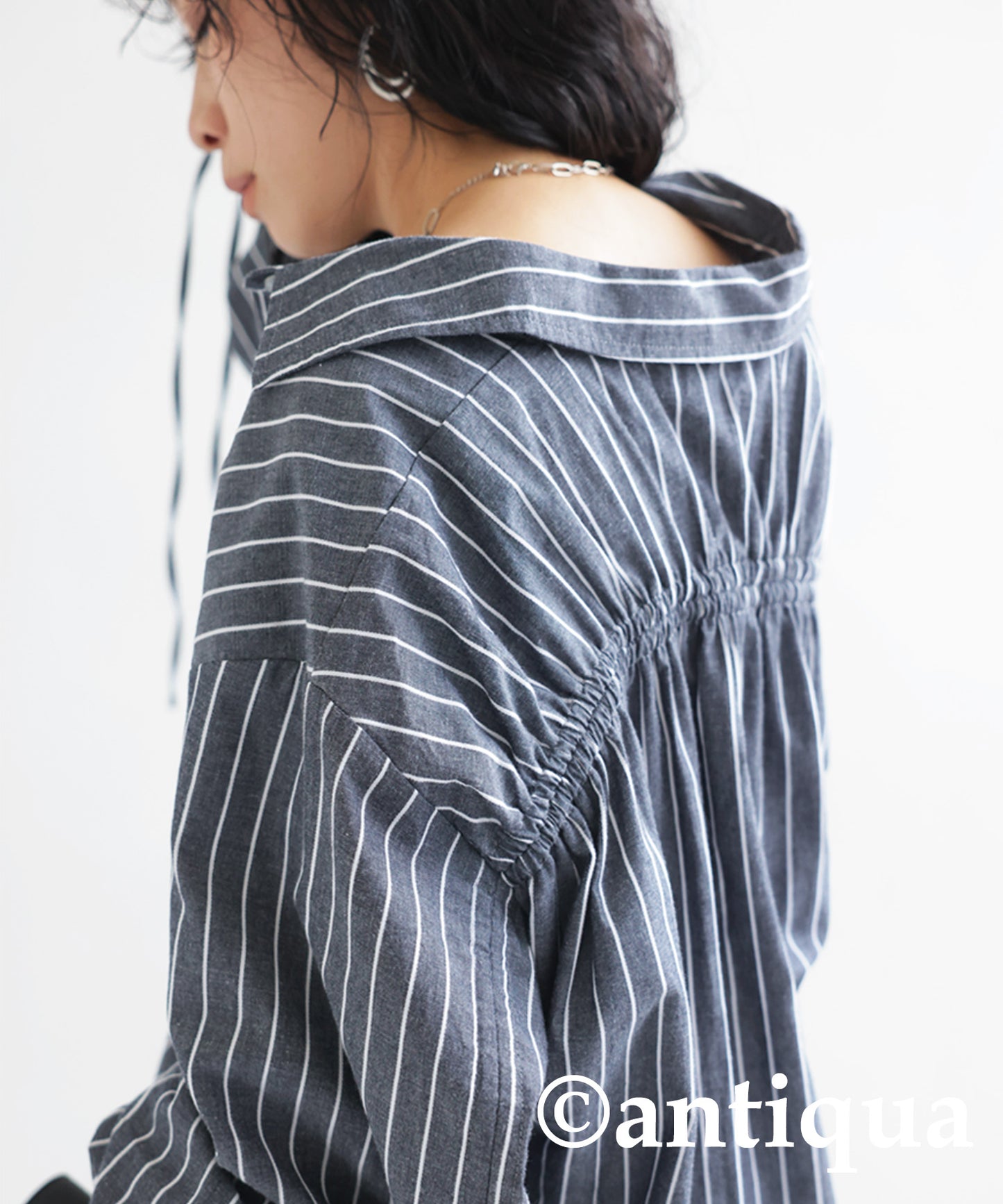 Striped Ladies Shirt Back Drawstring Shirt