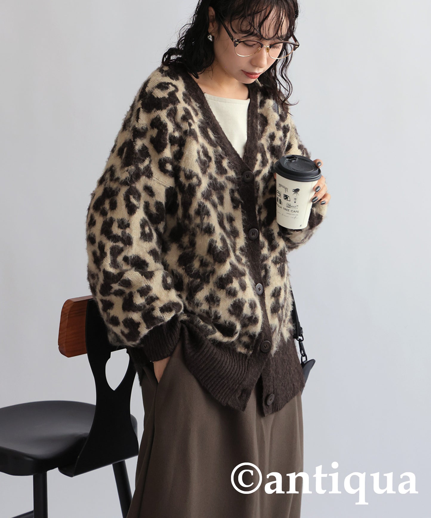 Leopard pattern knit cardigan Ladies