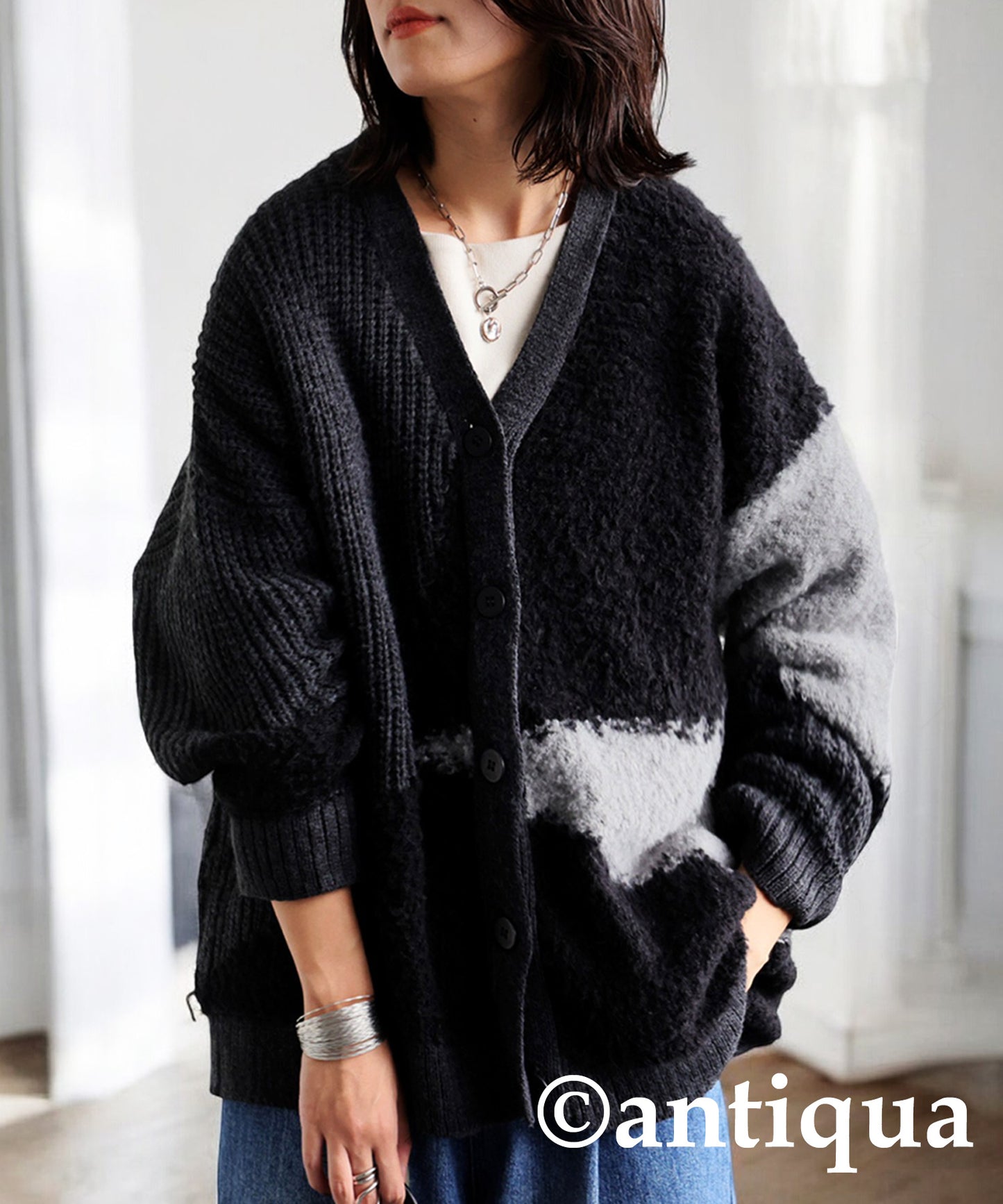 Different Material Knit Cardigan Ladies