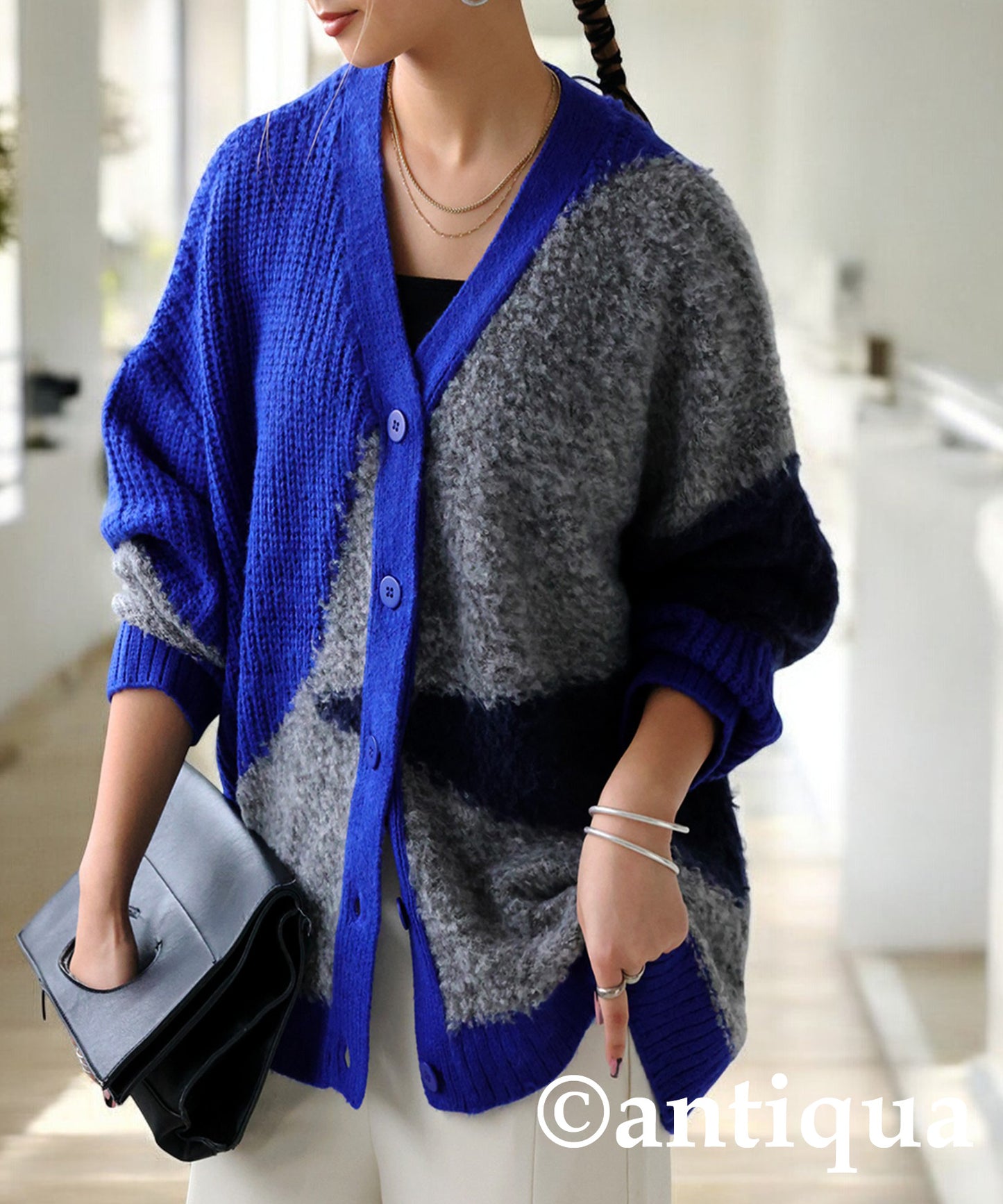 Different Material Knit Cardigan Ladies