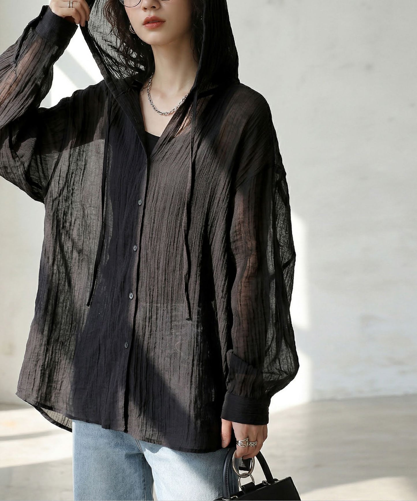 Checkered Hooded Sheer Shirt Ladies