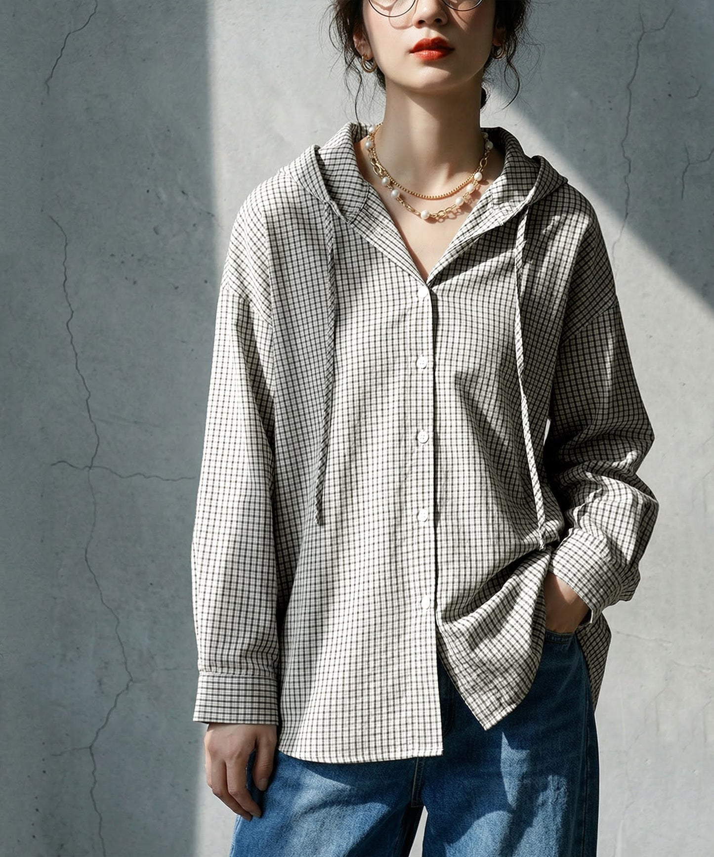 Checkered Hooded Sheer Shirt Ladies