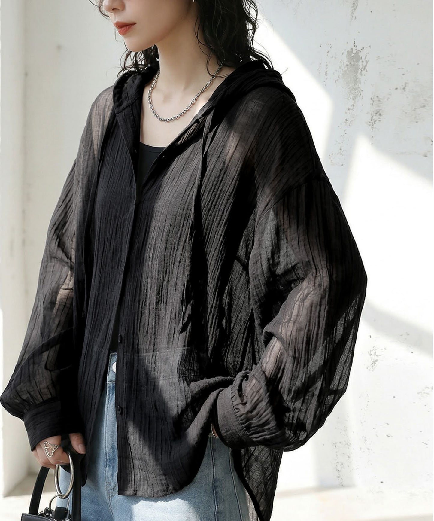 Checkered Hooded Sheer Shirt Ladies