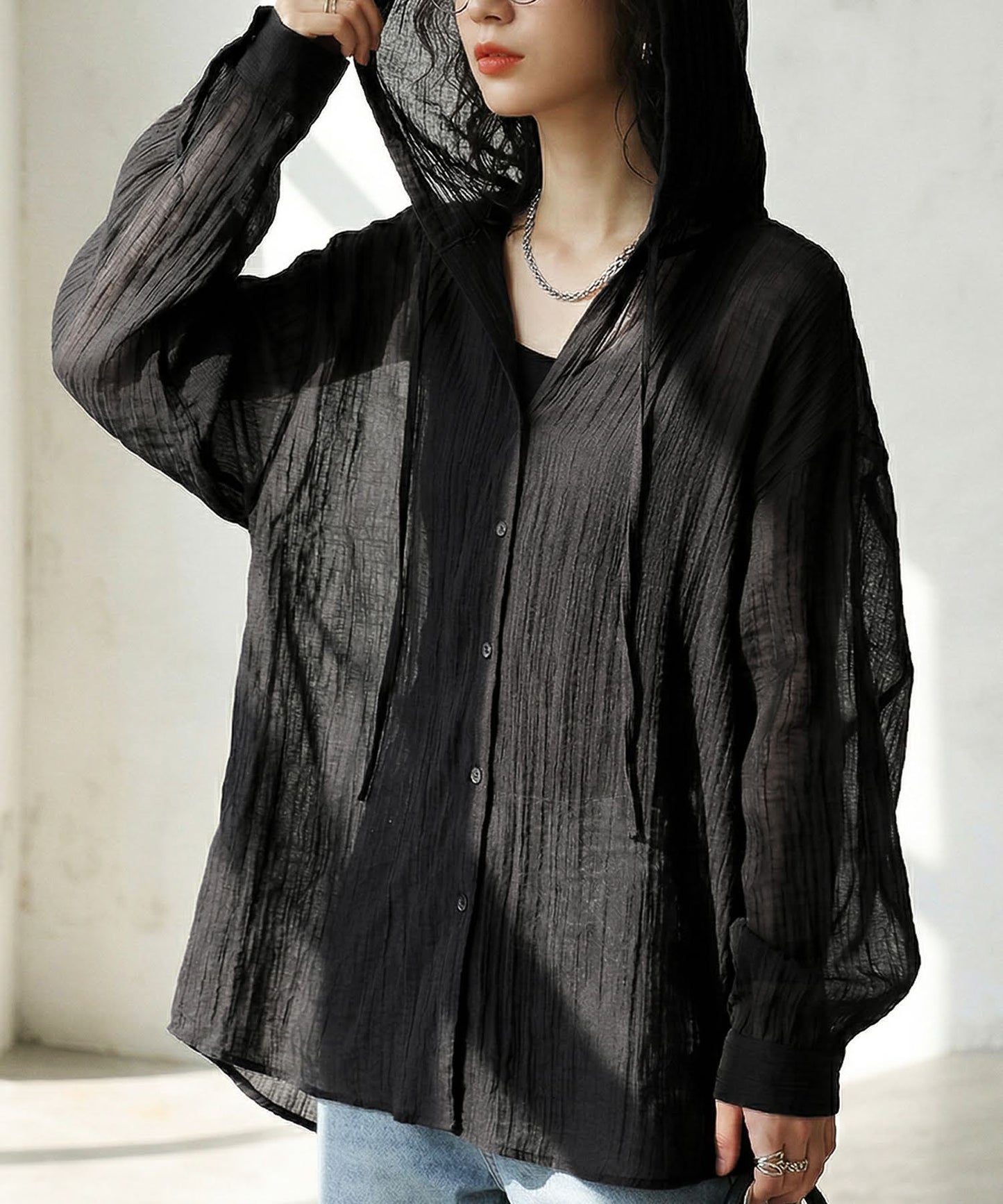 Checkered Hooded Sheer Shirt Ladies