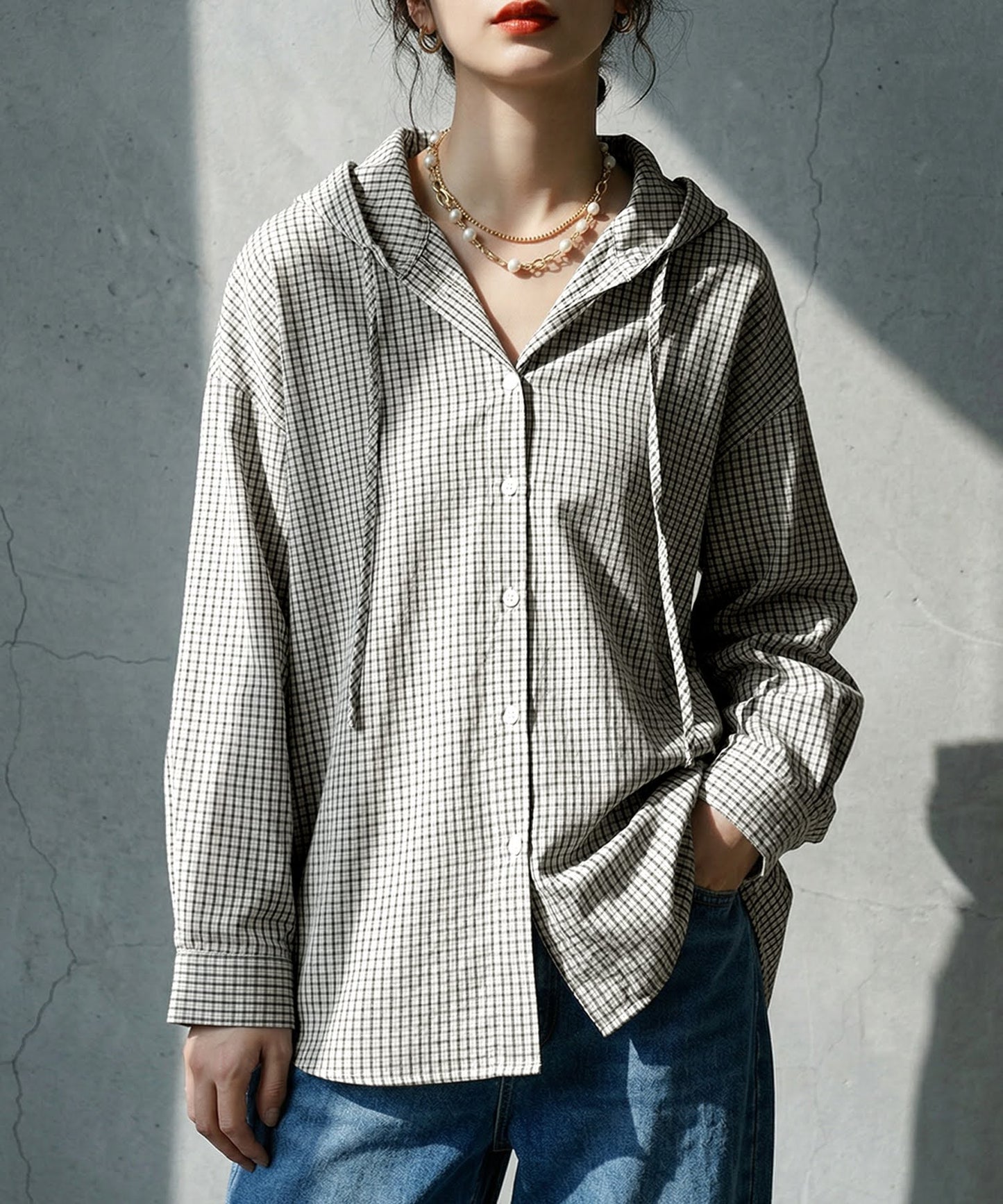 Checkered Hooded Sheer Shirt Ladies