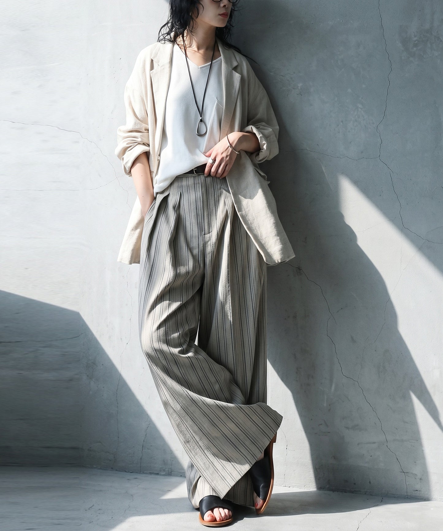 Striped Wide-Leg Pants With Pleats Ladies