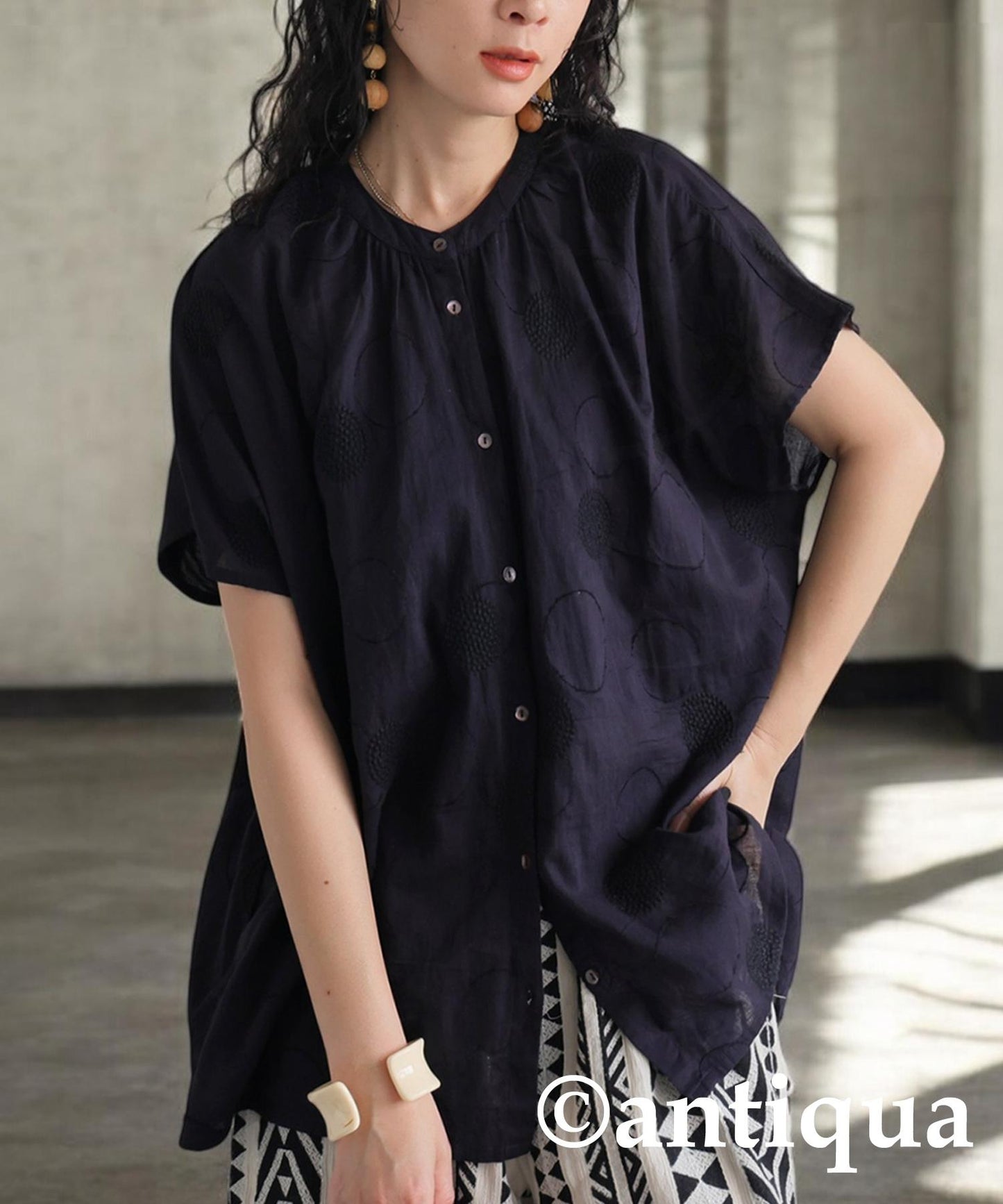 Ladies Indian Cotton Dots Embroidery Shirt